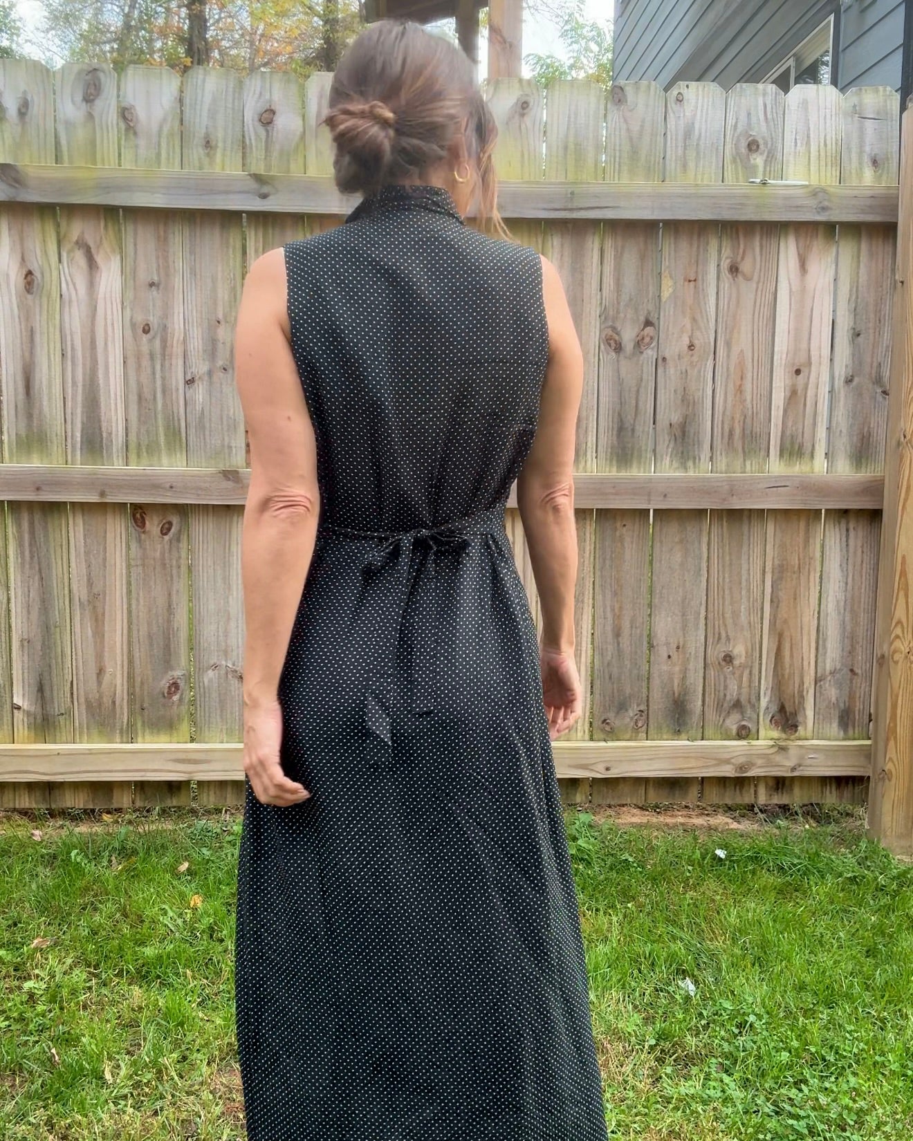 90s Vintage Navy Polka Dot Button-Front Midi Dress