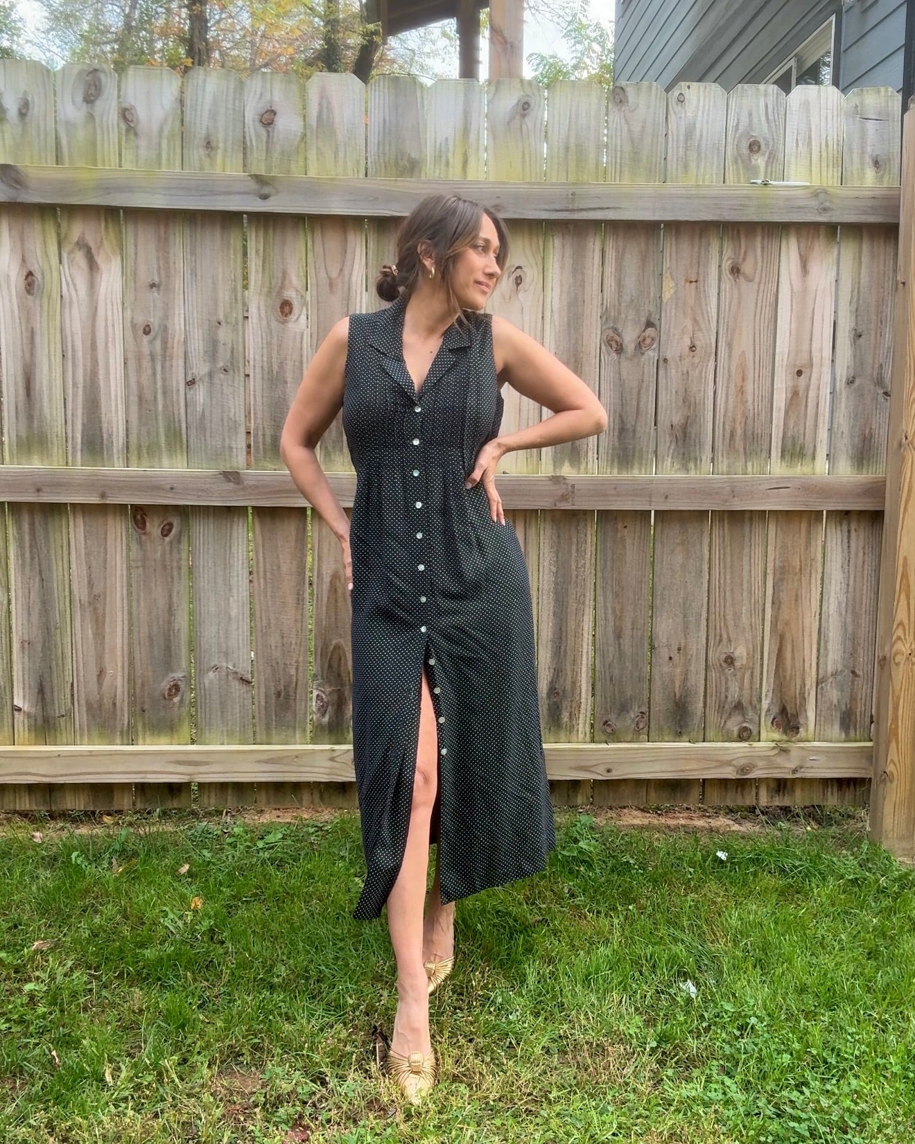 90s Vintage Navy Polka Dot Button-Front Midi Dress