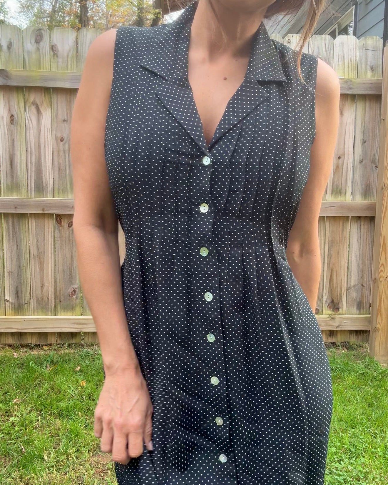90s Vintage Navy Polka Dot Button-Front Midi Dress