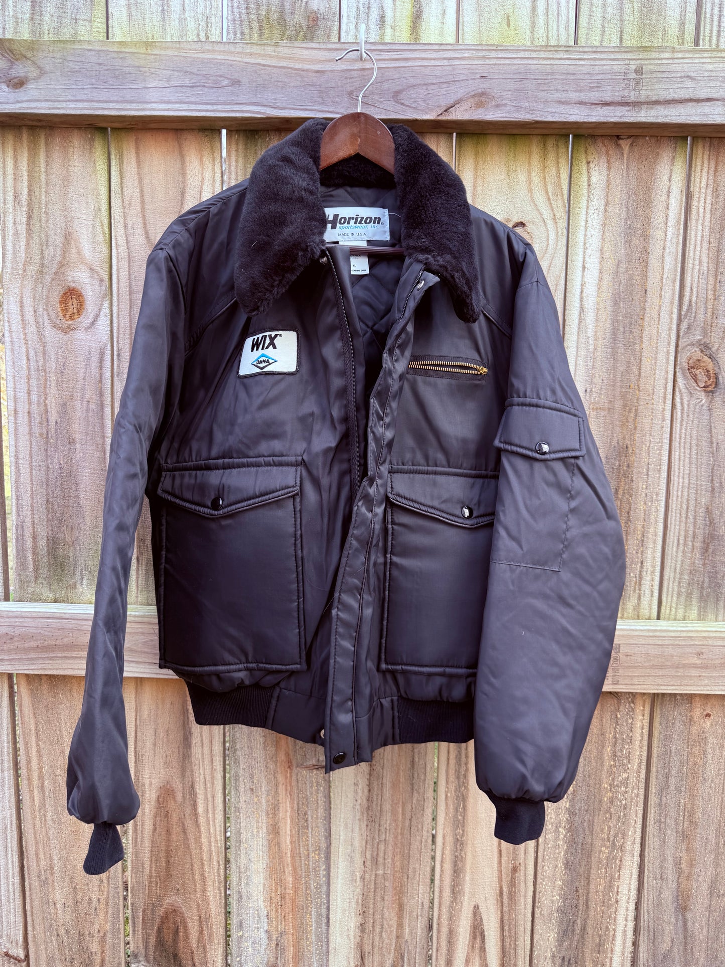 Horizon Sportswear USA Nylon Bomber Jacket Faux Fur Collar Black XL