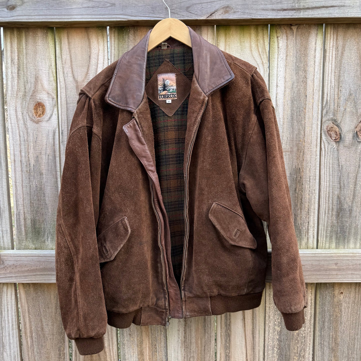 Vintage Suede Bomber Jacket Leather Collar Plaid Lining Brown Size M