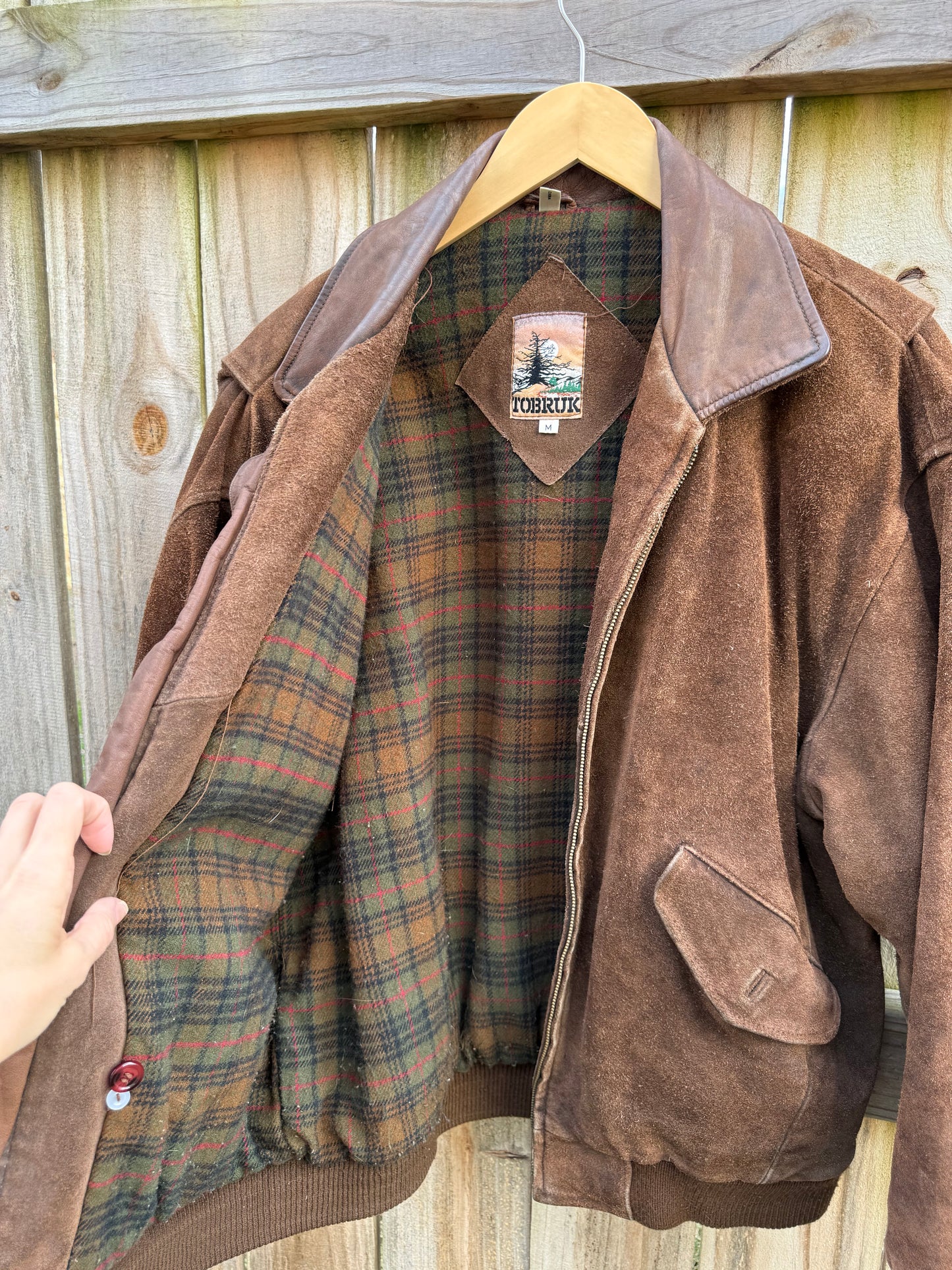 Vintage Suede Bomber Jacket Leather Collar Plaid Lining Brown Size M