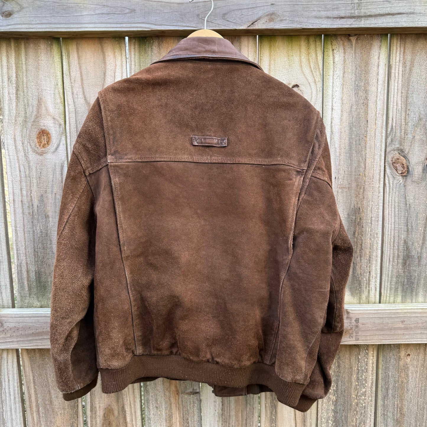 Vintage Suede Bomber Jacket Leather Collar Plaid Lining Brown Size M