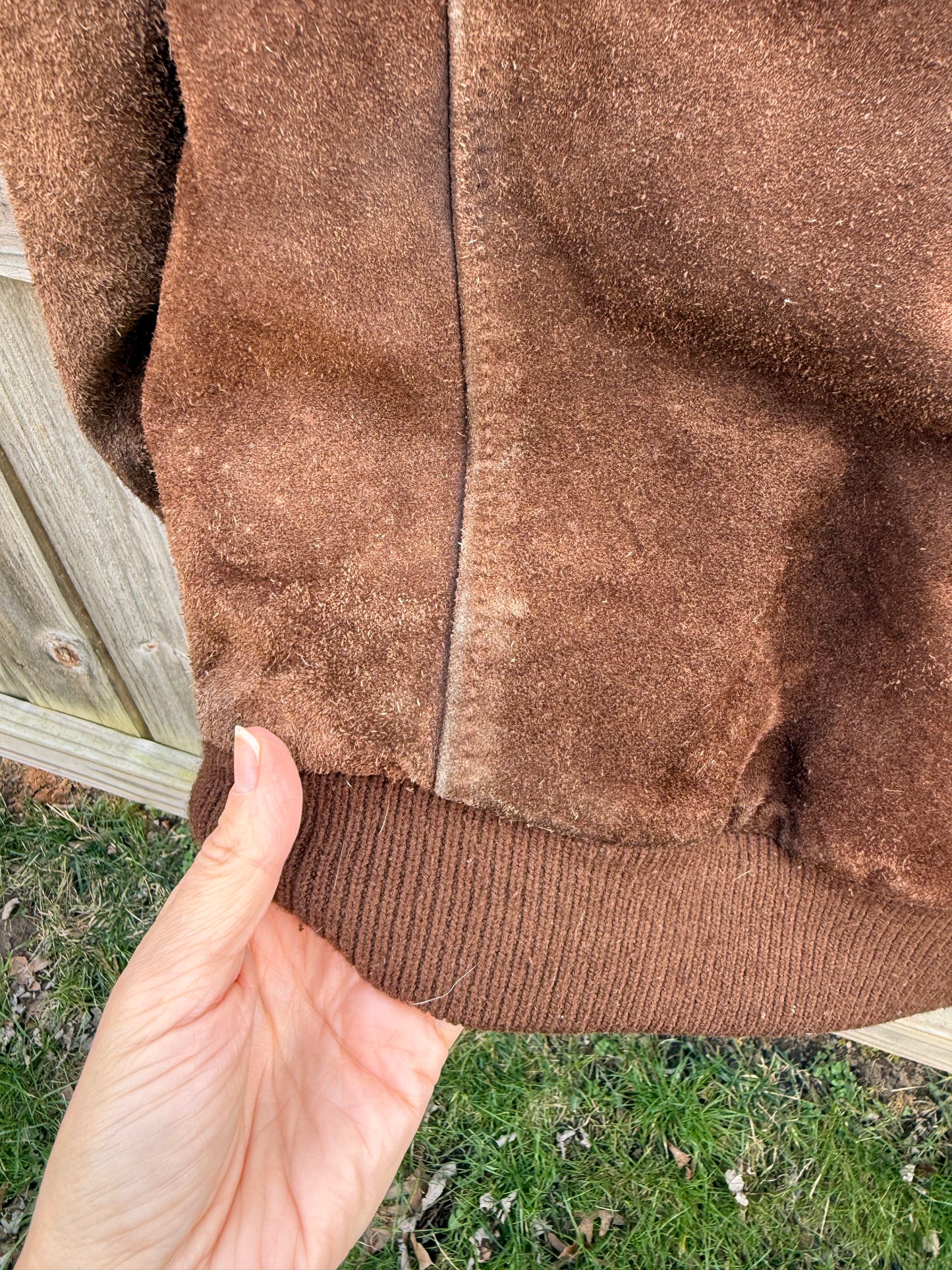 Vintage Suede Bomber Jacket Leather Collar Plaid Lining Brown Size M