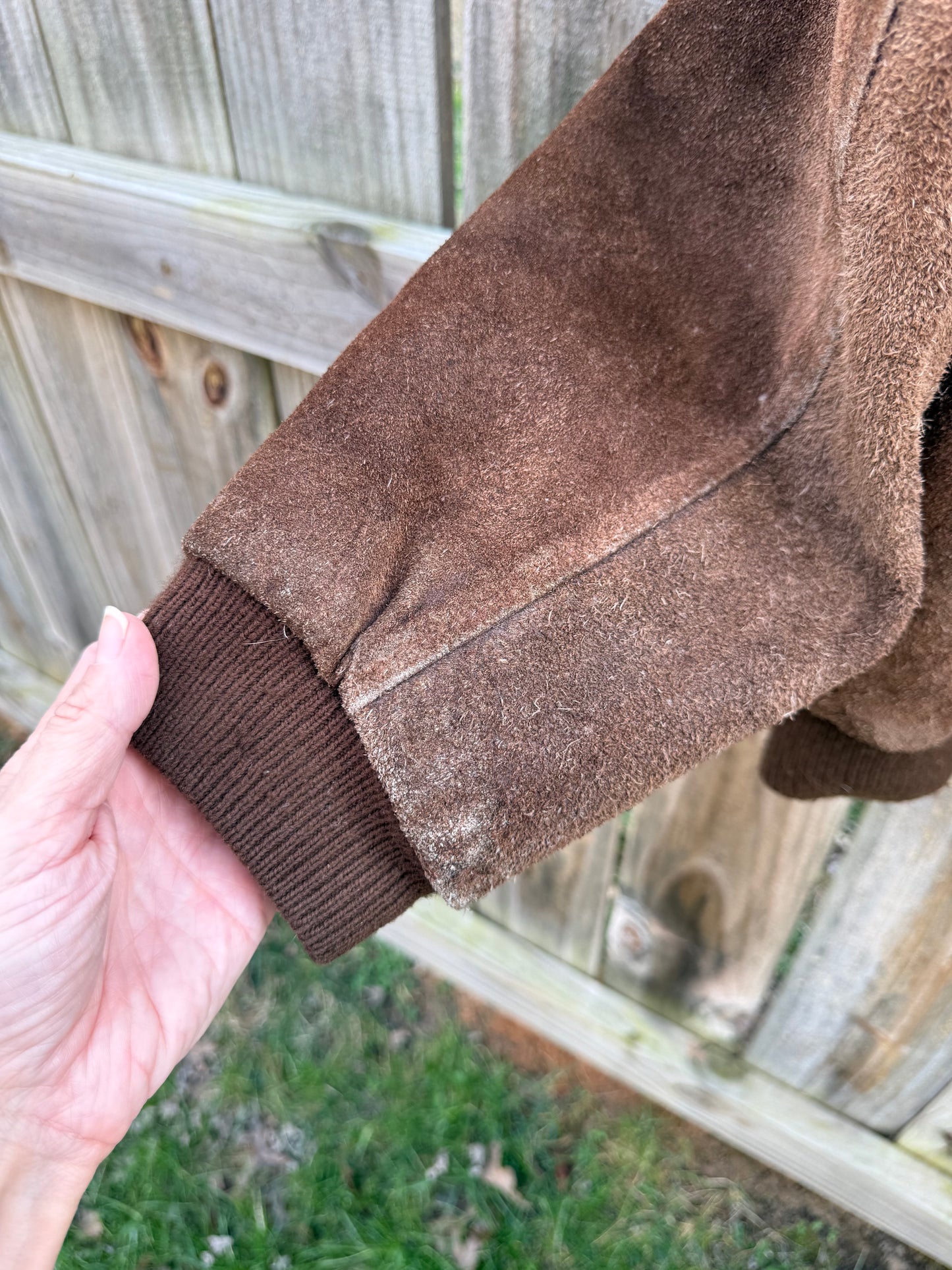 Vintage Suede Bomber Jacket Leather Collar Plaid Lining Brown Size M