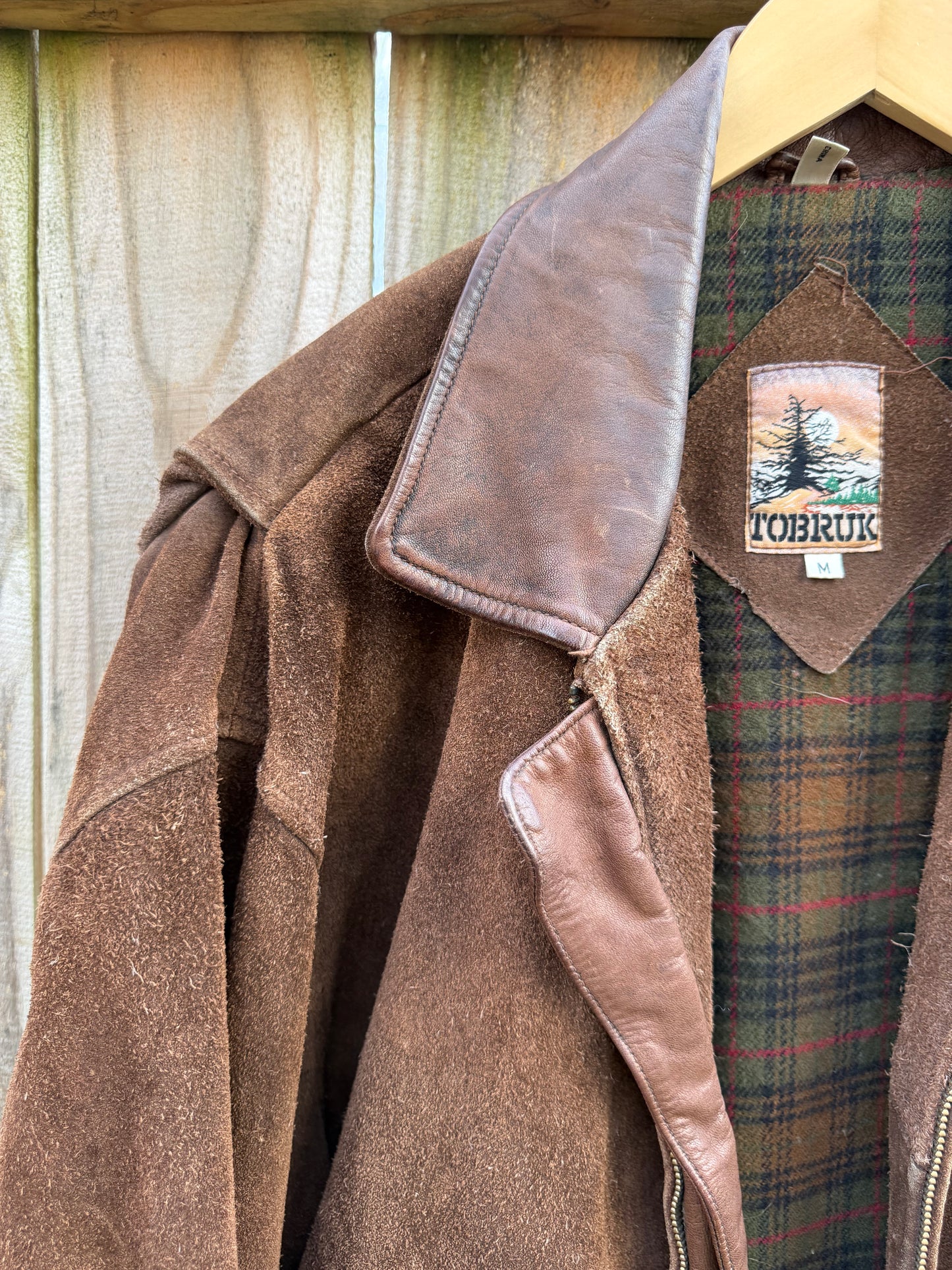 Vintage Suede Bomber Jacket Leather Collar Plaid Lining Brown Size M