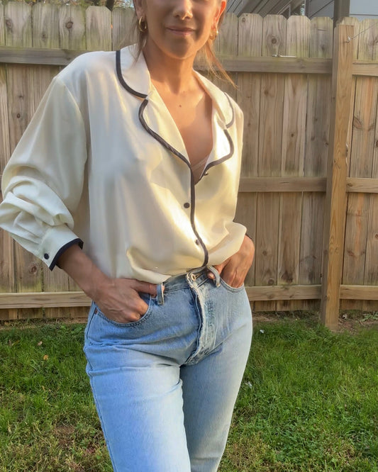 Vintage Ivory Contrast Piped Button Blouse — Oversized Relaxed Fit