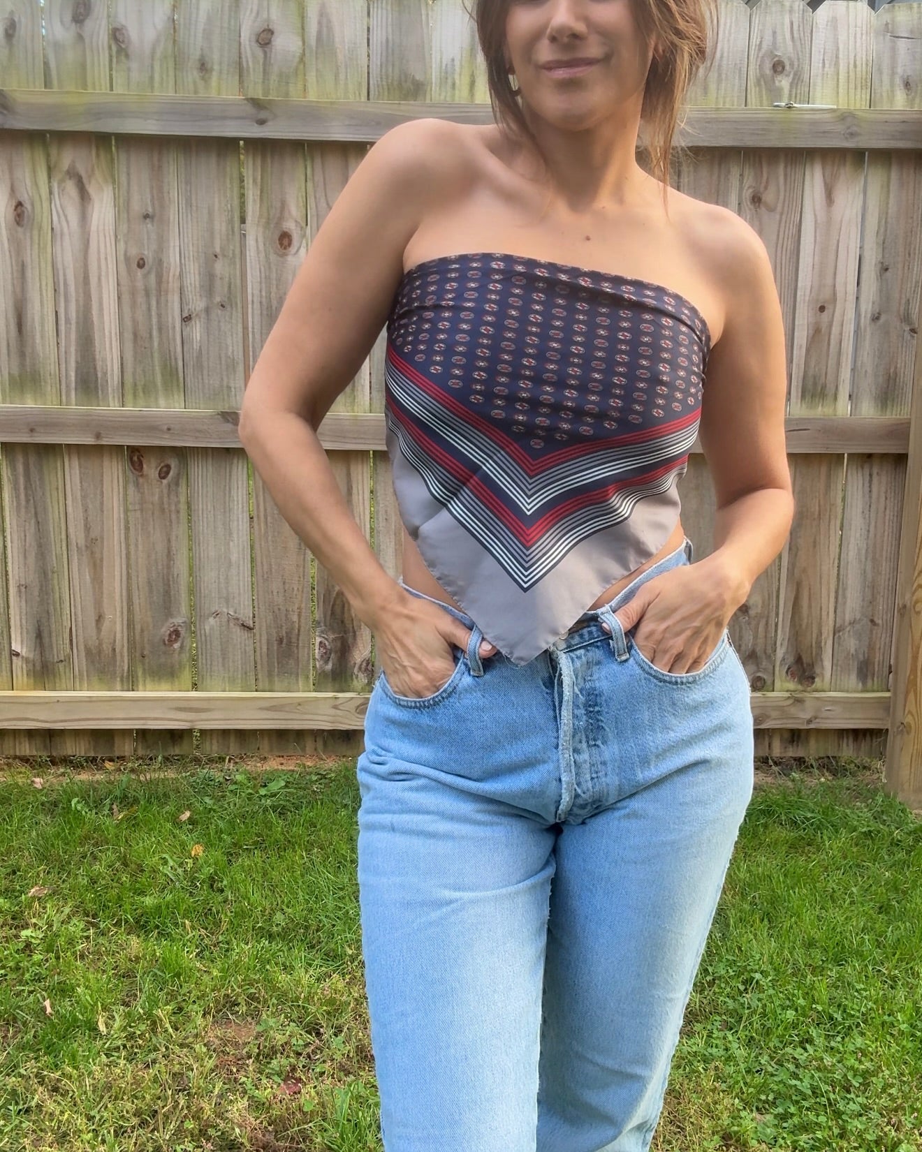 Vintage Navy Graphic Square Scarf — 90s French Style - Preppy