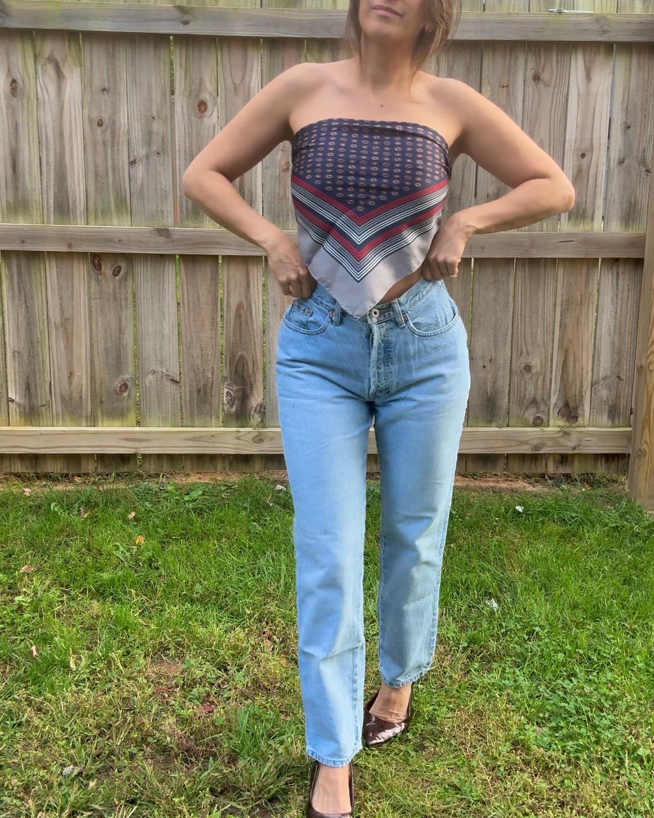 Vintage Navy Graphic Square Scarf — 90s French Style - Preppy