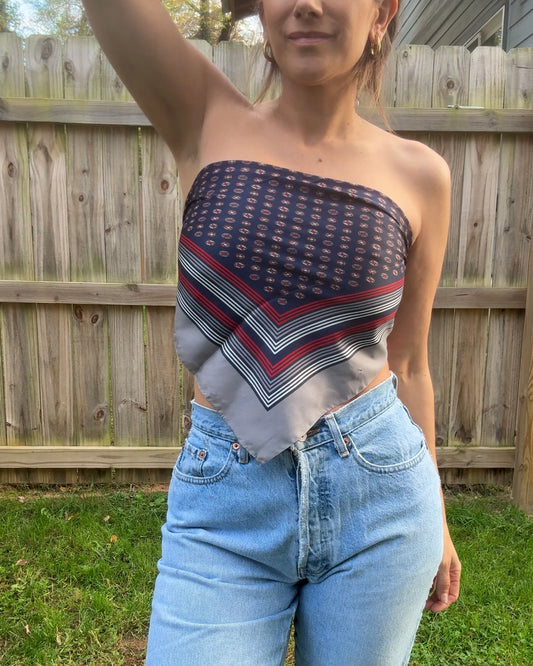 Vintage Navy Graphic Square Scarf — 90s French Style - Preppy