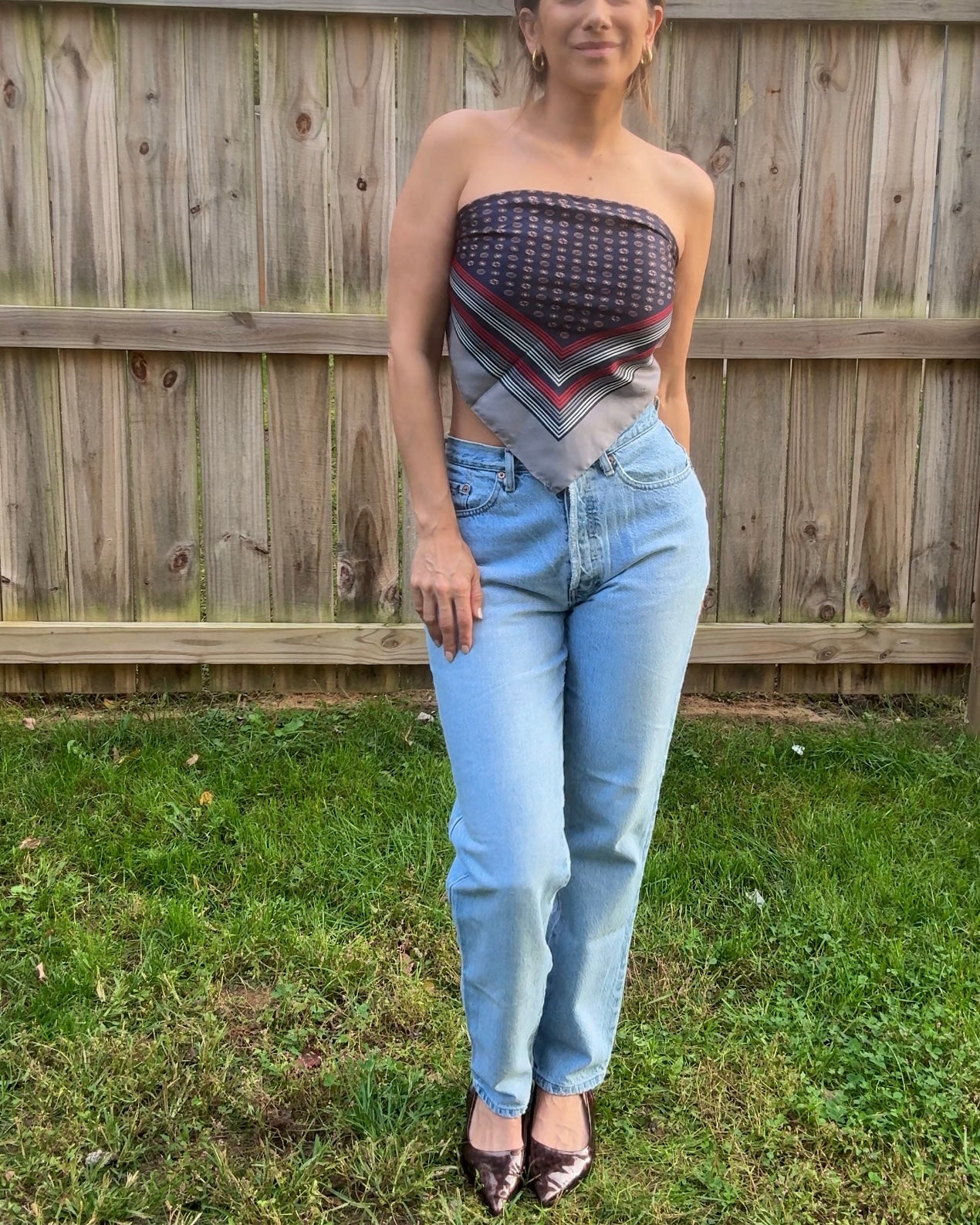 Vintage Navy Graphic Square Scarf — 90s French Style - Preppy