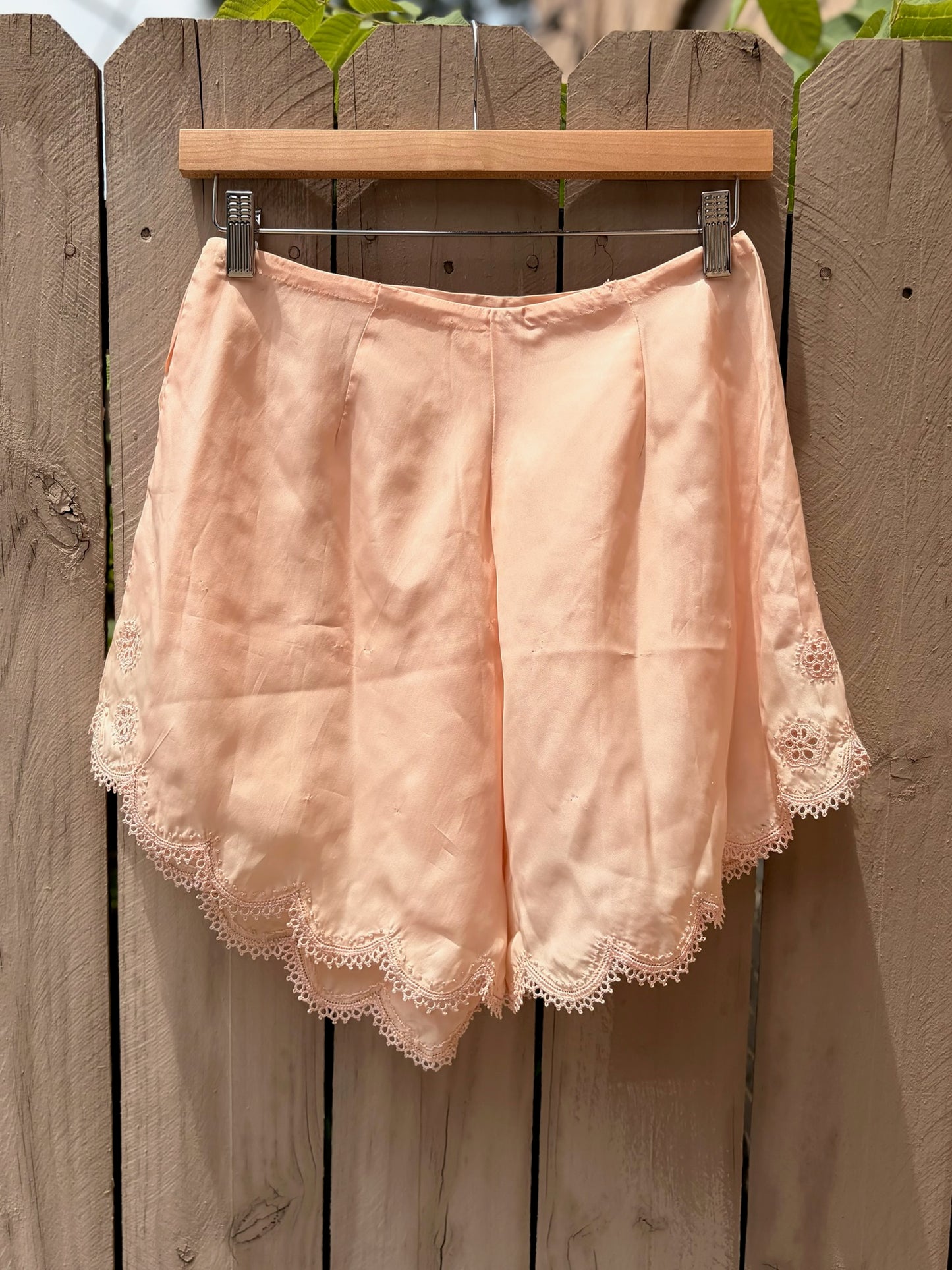 Vintage Silk Tap Shorts | Peach Silk | Embroidered Lace Hem | Estate Sale Lingerie