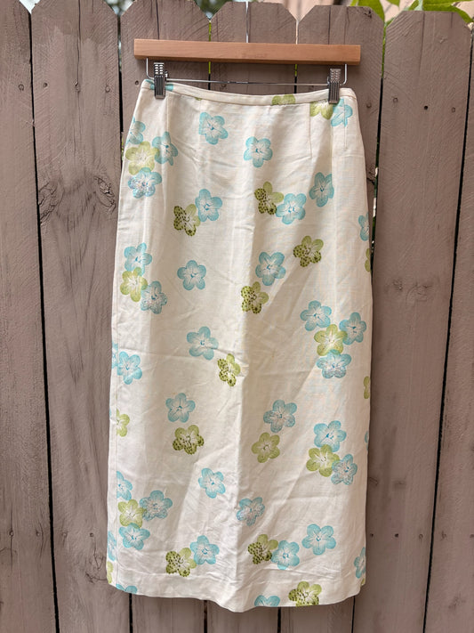 Vintage Y2K Linen Blend Floral Midi Skirt | Aqua Floral | Cottagecore Mermaidcore Coastal Grandmother