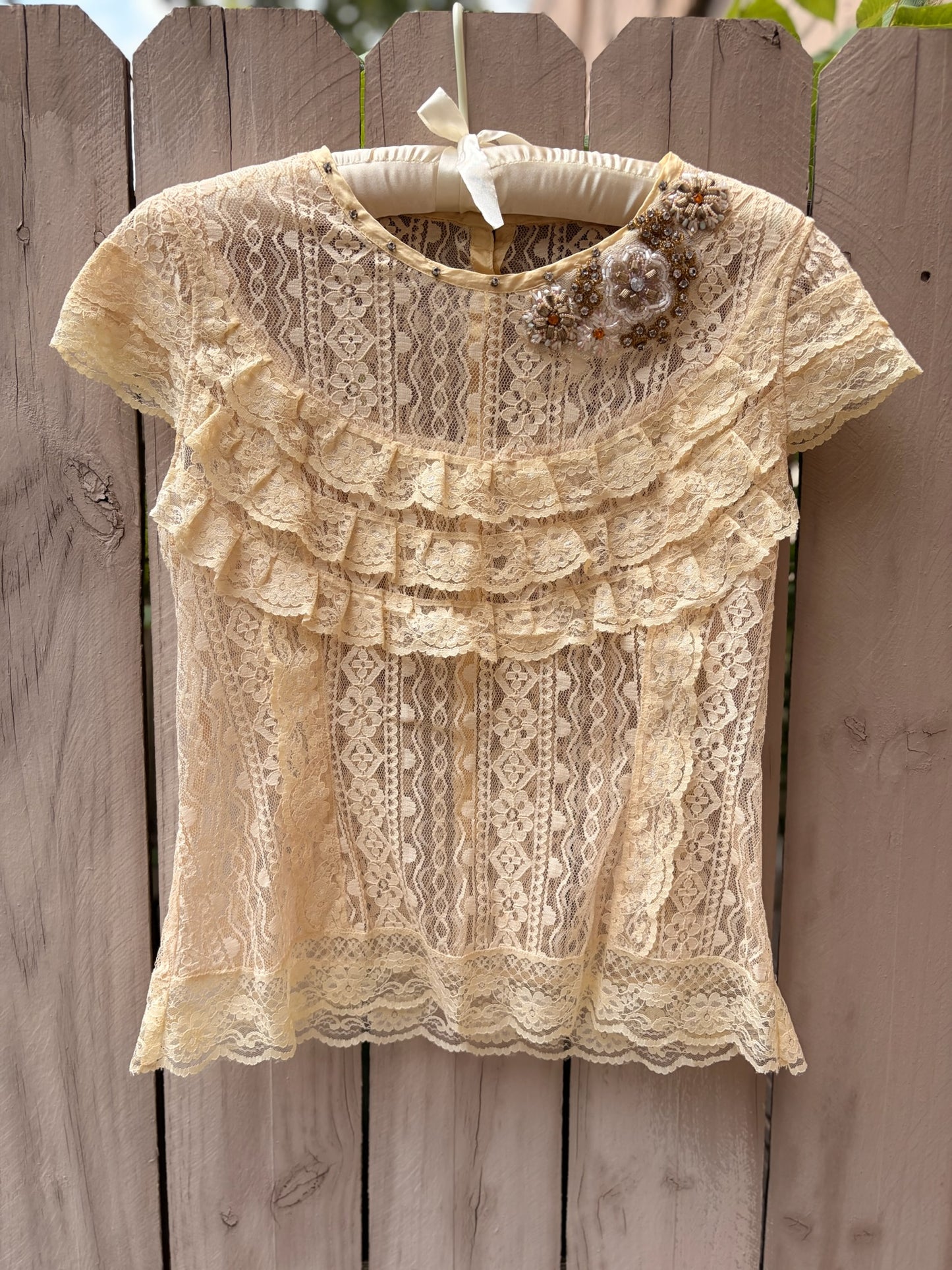 Vintage Beaded Champagne Lace Top | Sheer Lace Blouse