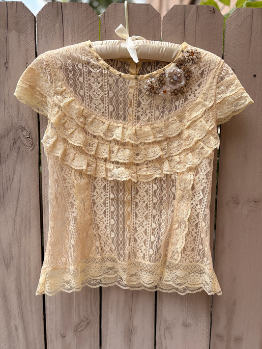 Vintage Beaded Champagne Lace Top | Sheer Lace Blouse