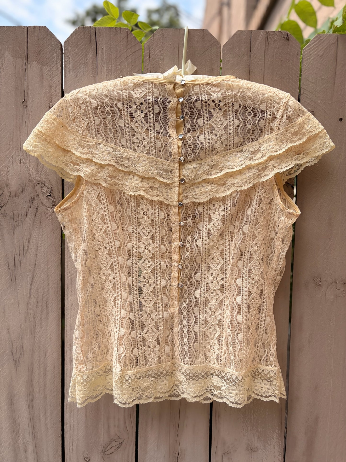Vintage Beaded Champagne Lace Top | Sheer Lace Blouse