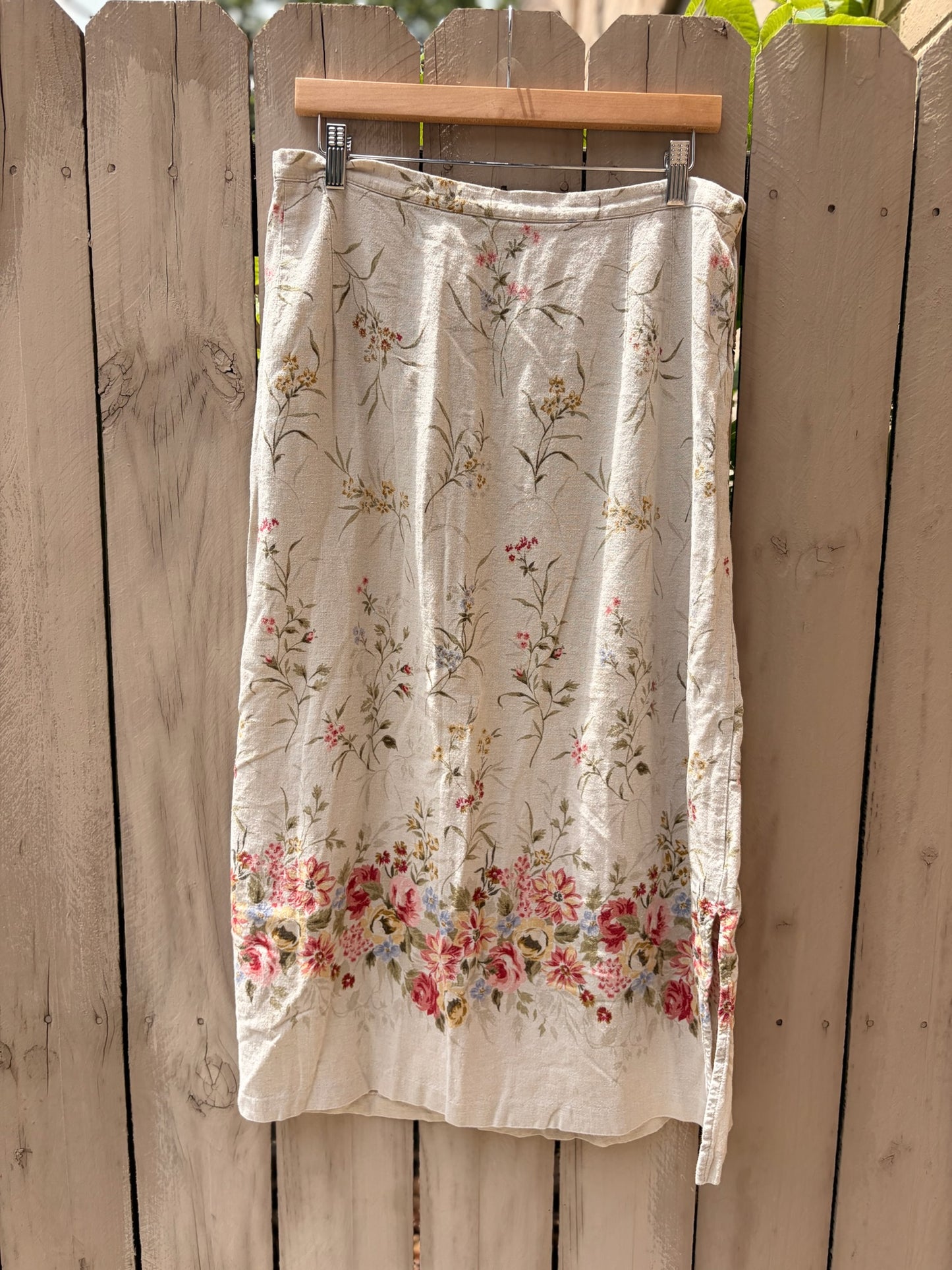 Vintage Linen Blend Botanical Midi Skirt