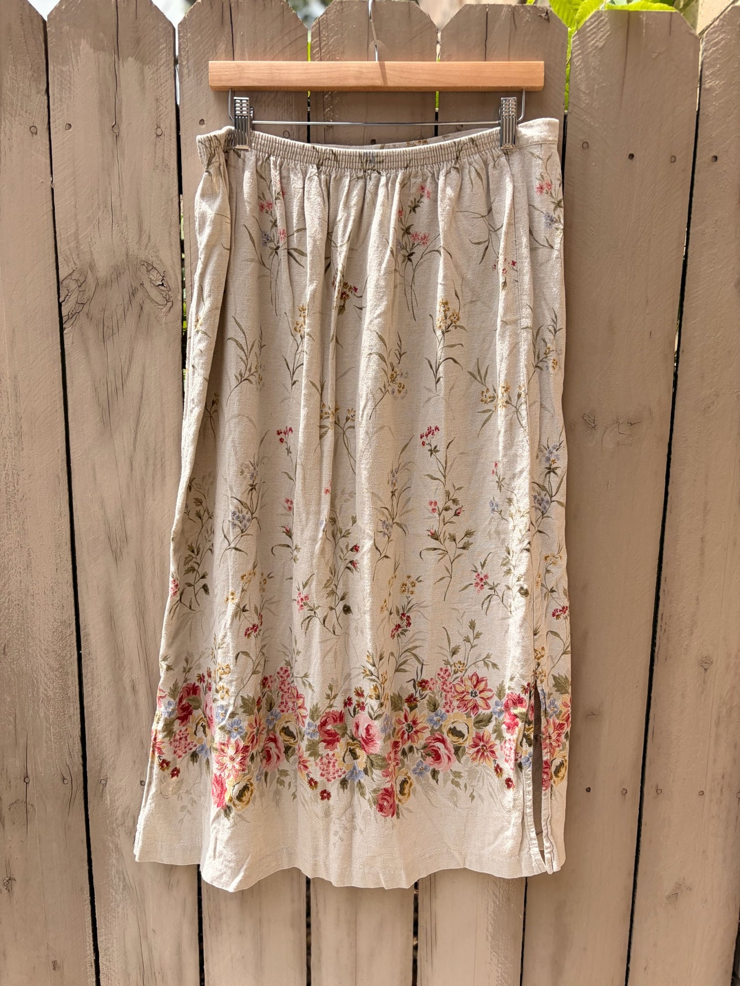 Vintage Linen Blend Botanical Midi Skirt