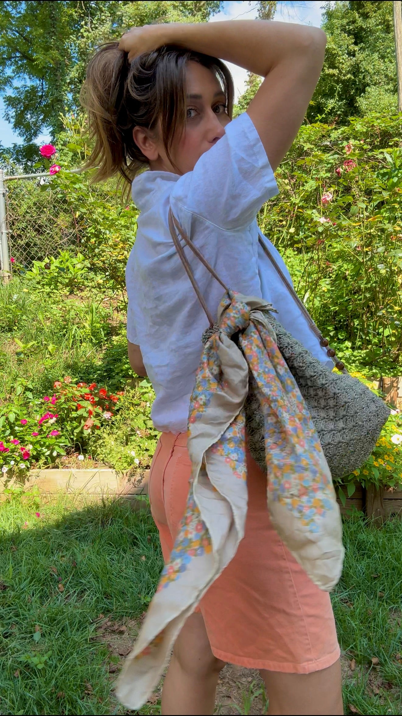 Neutral Crochet Drawstring Shoulder Bag with Wood Beads