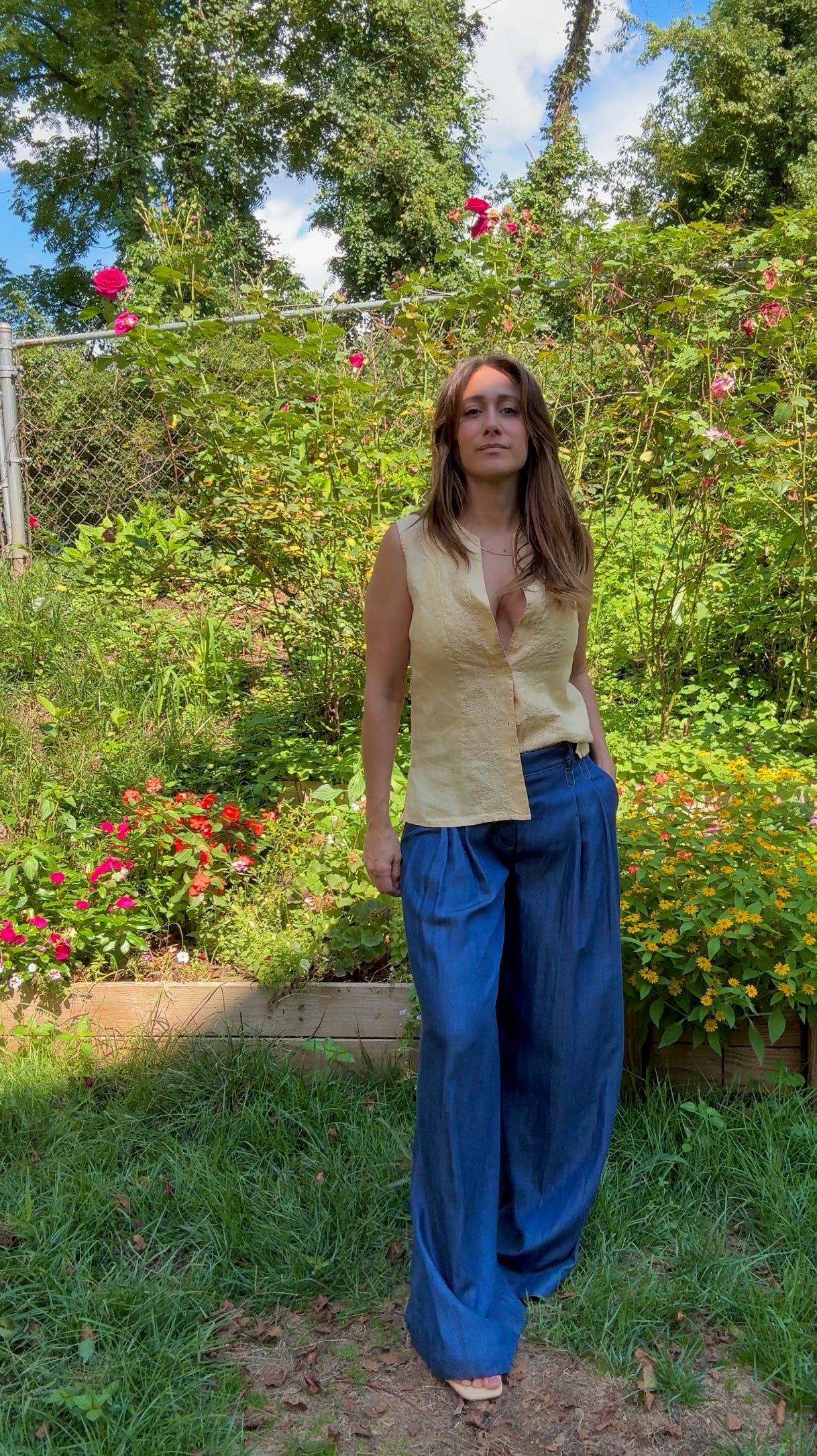 Linen-Blend Pin-Tucked Button Top – Solstice Last Light