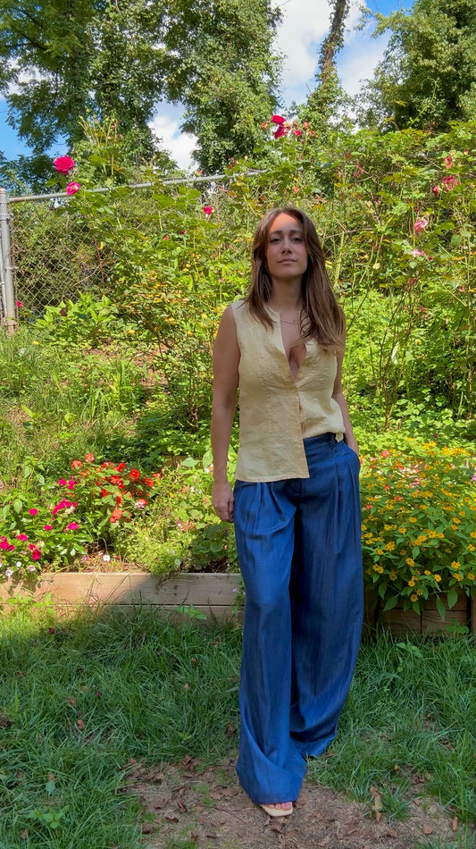 Linen-Blend Pin-Tucked Button Top – Solstice Last Light