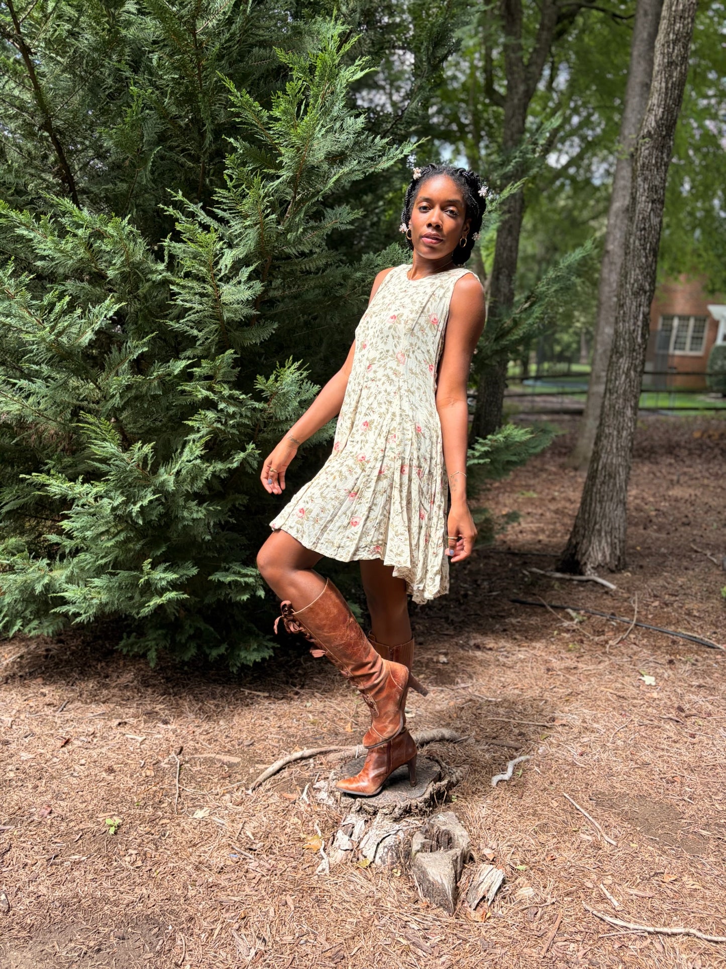 Vintage Crinkle Floral Mini Tie Back 90s Dress