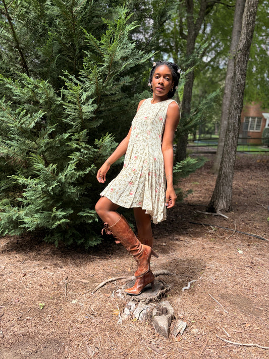 Vintage Crinkle Floral Mini Tie Back 90s Dress