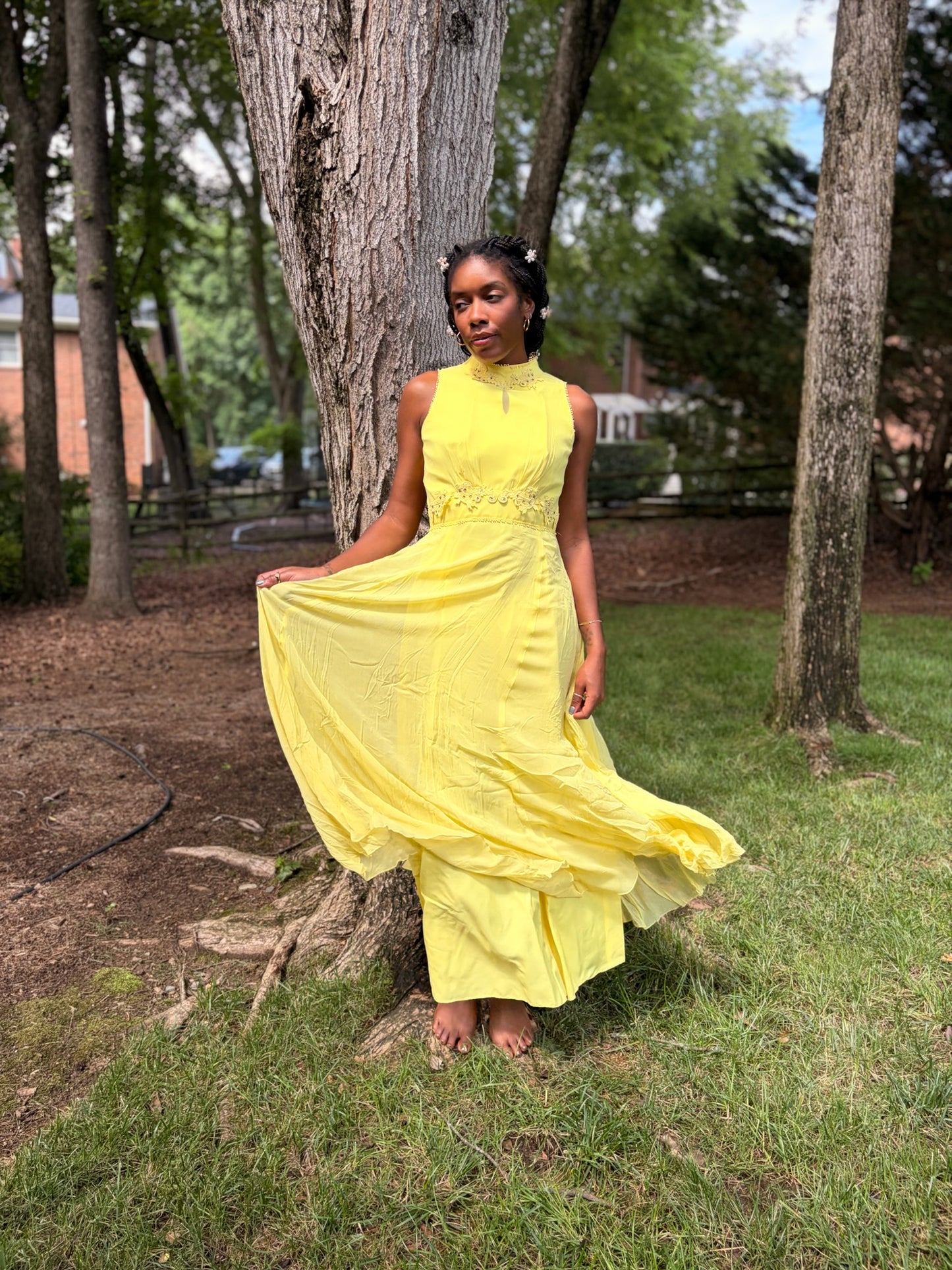 Vintage 1960s Butter Yellow Silk Maxi Dress with Removable Cape