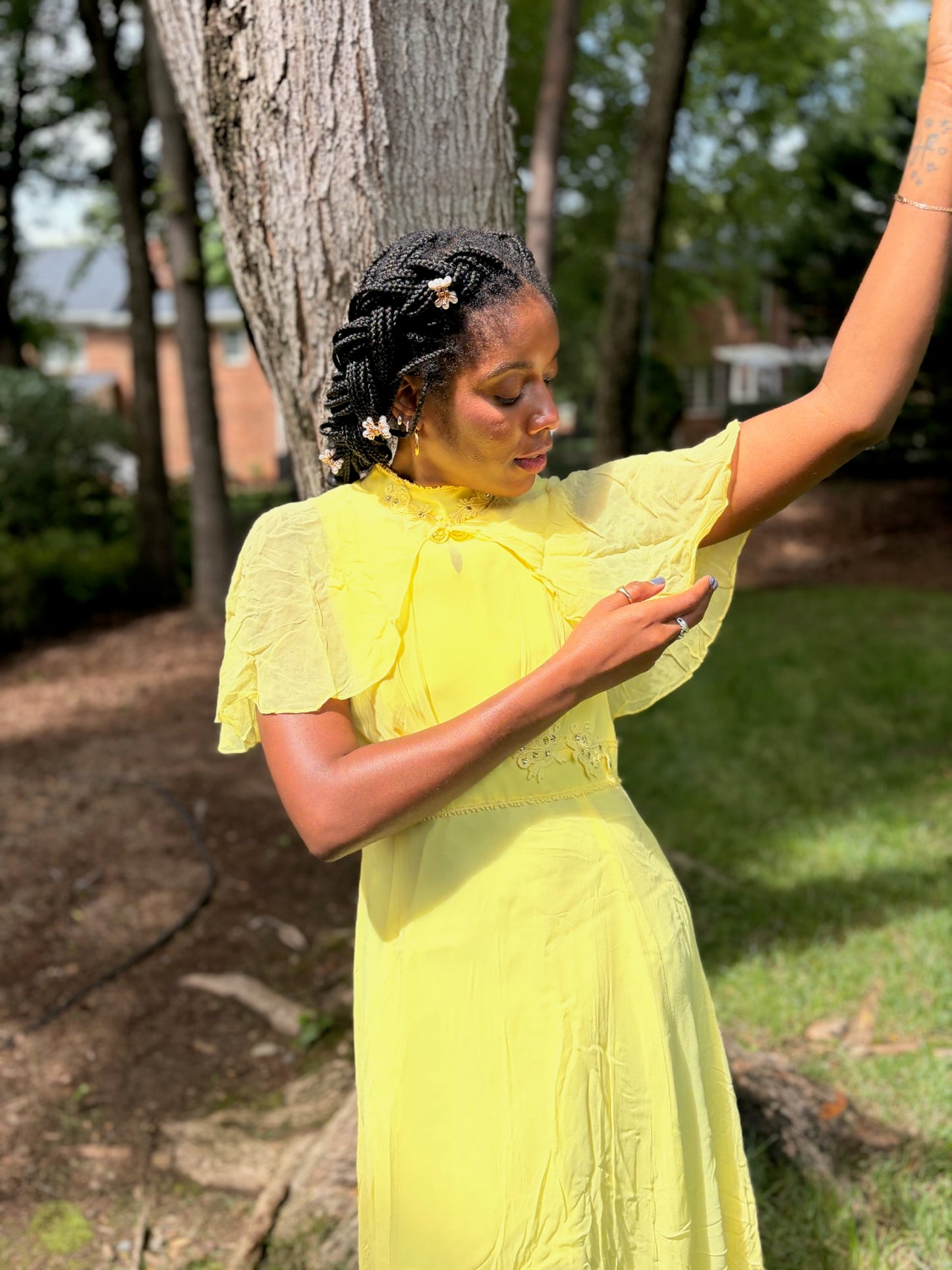 Vintage 1960s Butter Yellow Silk Maxi Dress with Removable Cape