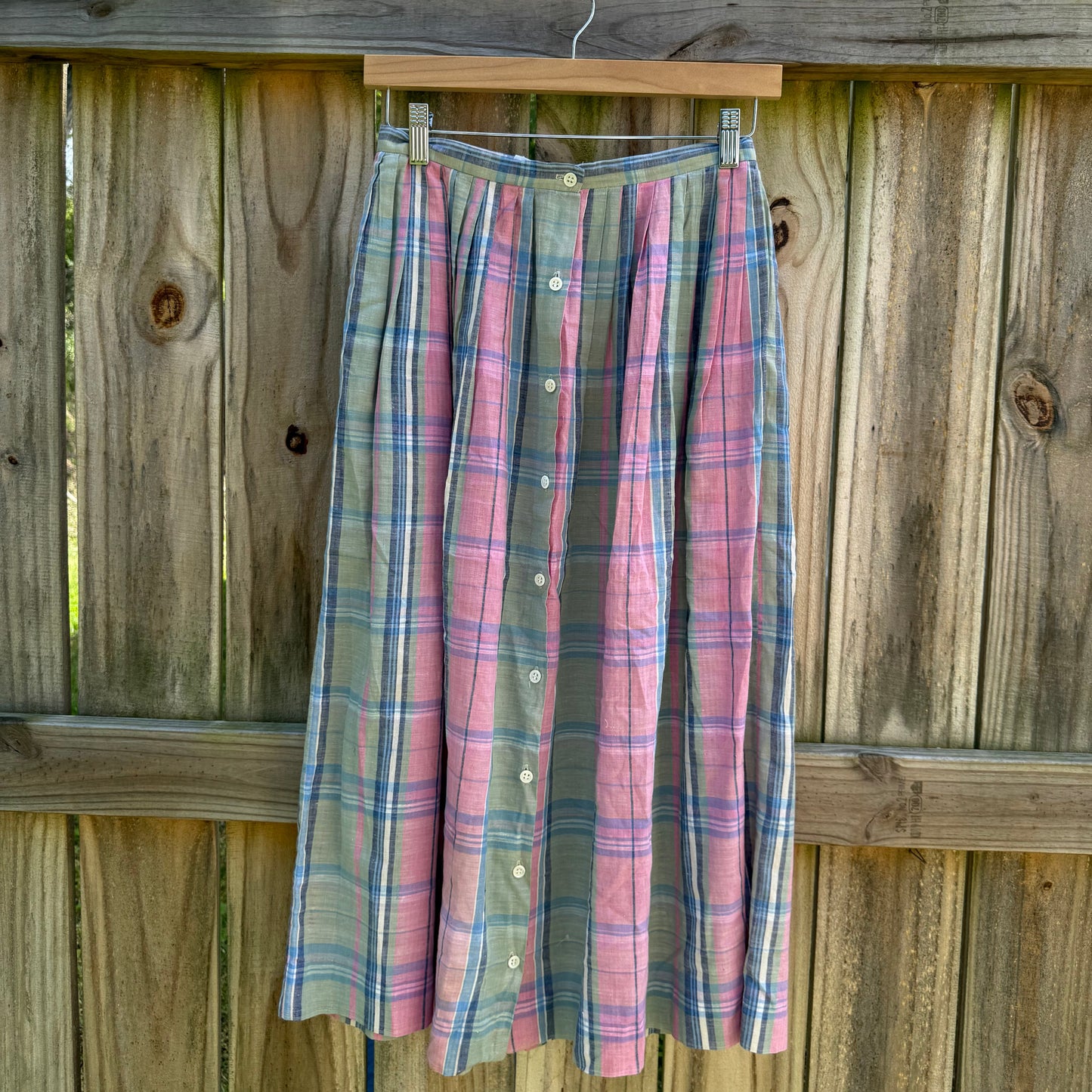 Vintage Ralph Lauren Plaid Cotton Skirt | Pink Sage Blue | Size S/M