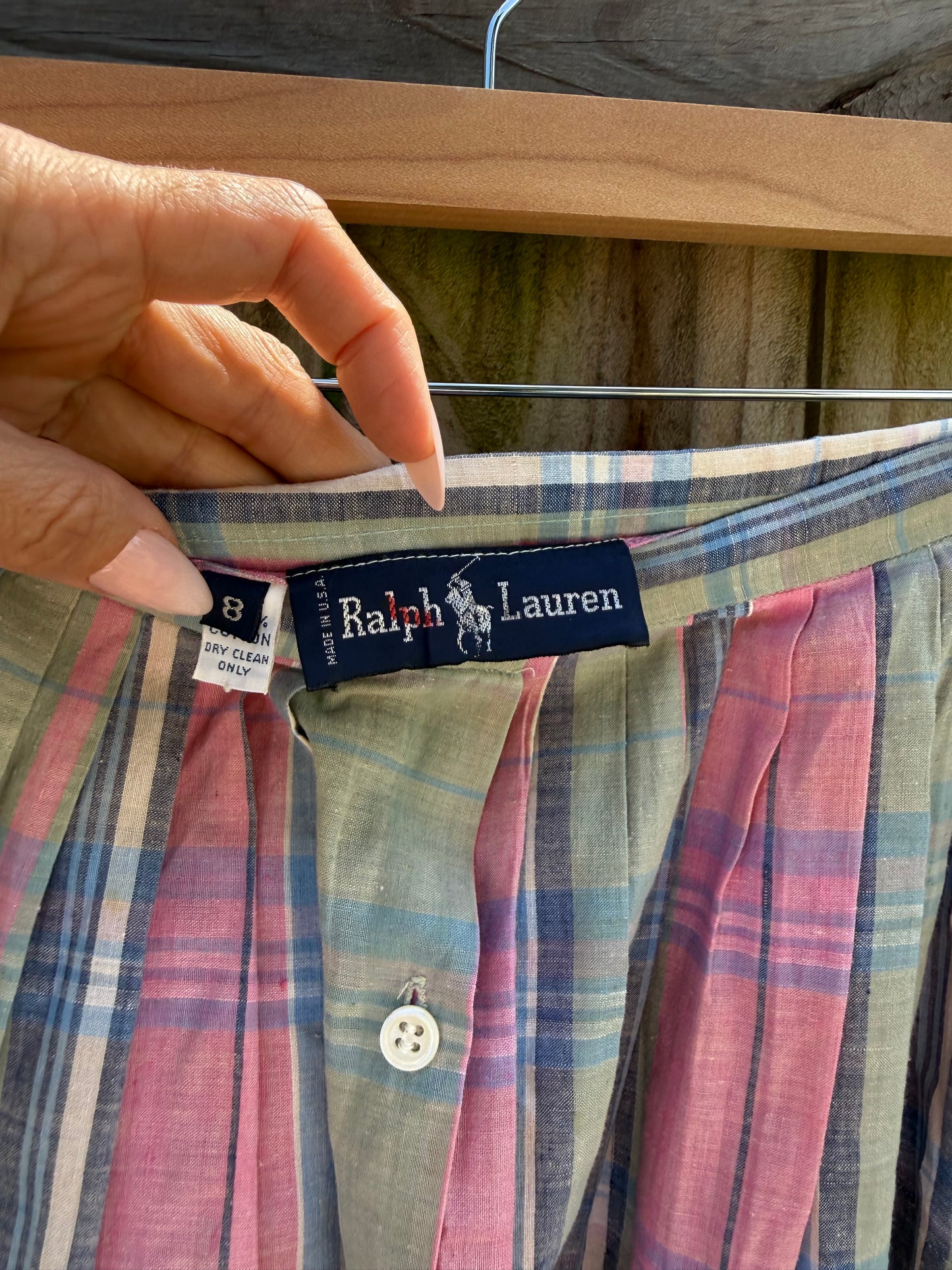 Vintage Ralph Lauren Plaid Cotton Skirt | Pink Sage Blue | Size S/M