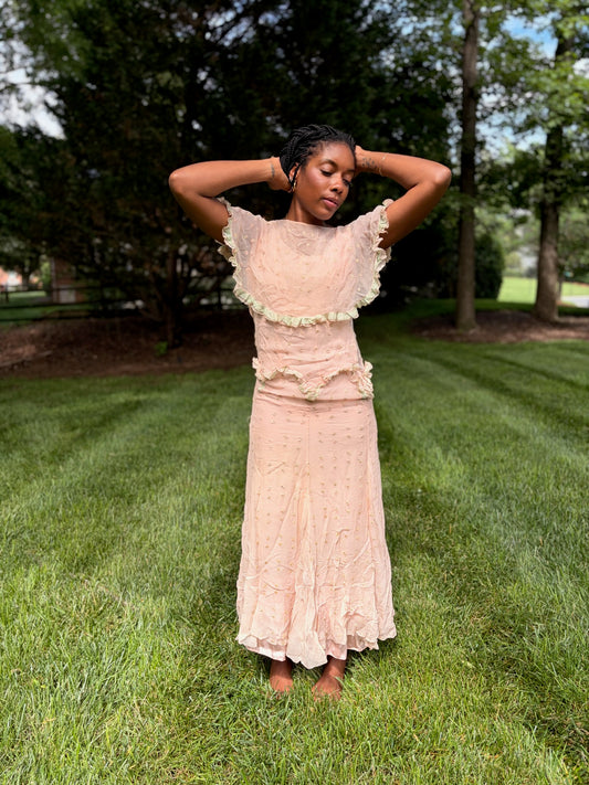 Vintage Pink Silk Swiss Dot Ruffle Maxi Dress | Cottagecore Fairycore Romantic Formal