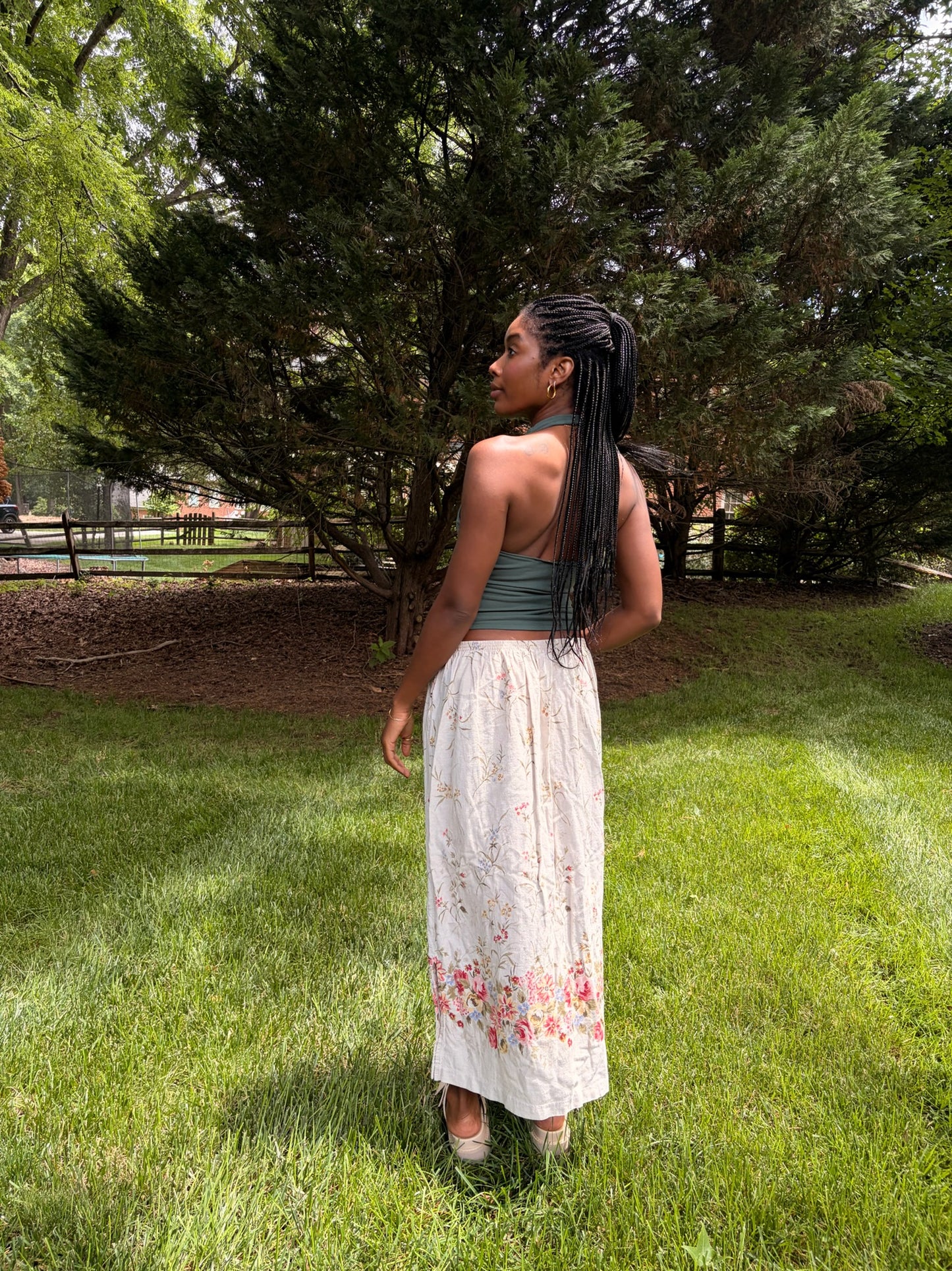 Vintage Linen Blend Botanical Midi Skirt