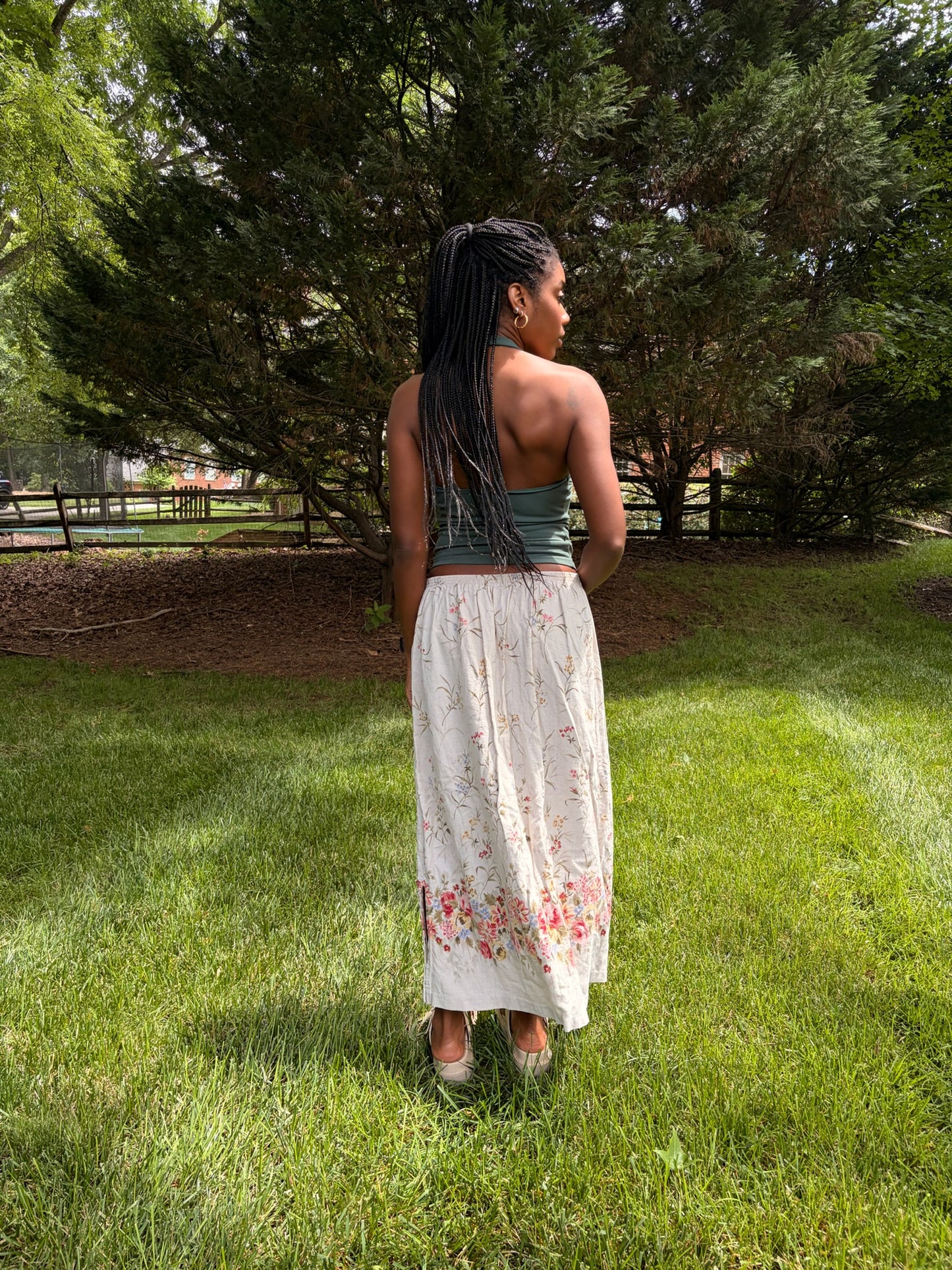 Vintage Linen Blend Botanical Midi Skirt