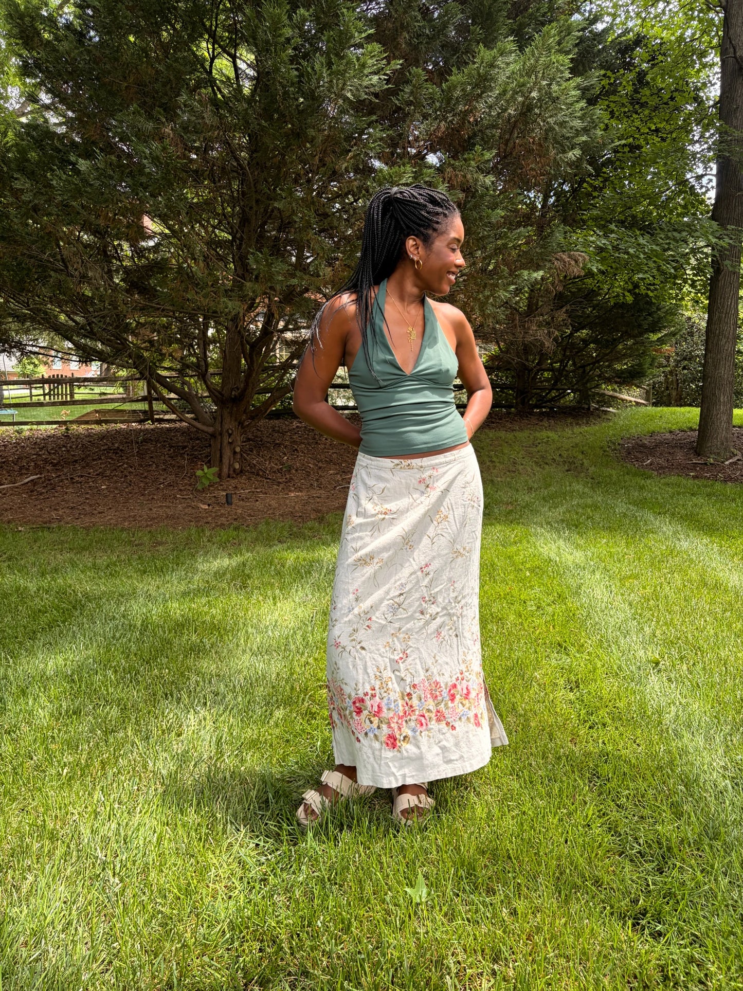 Vintage Linen Blend Botanical Midi Skirt