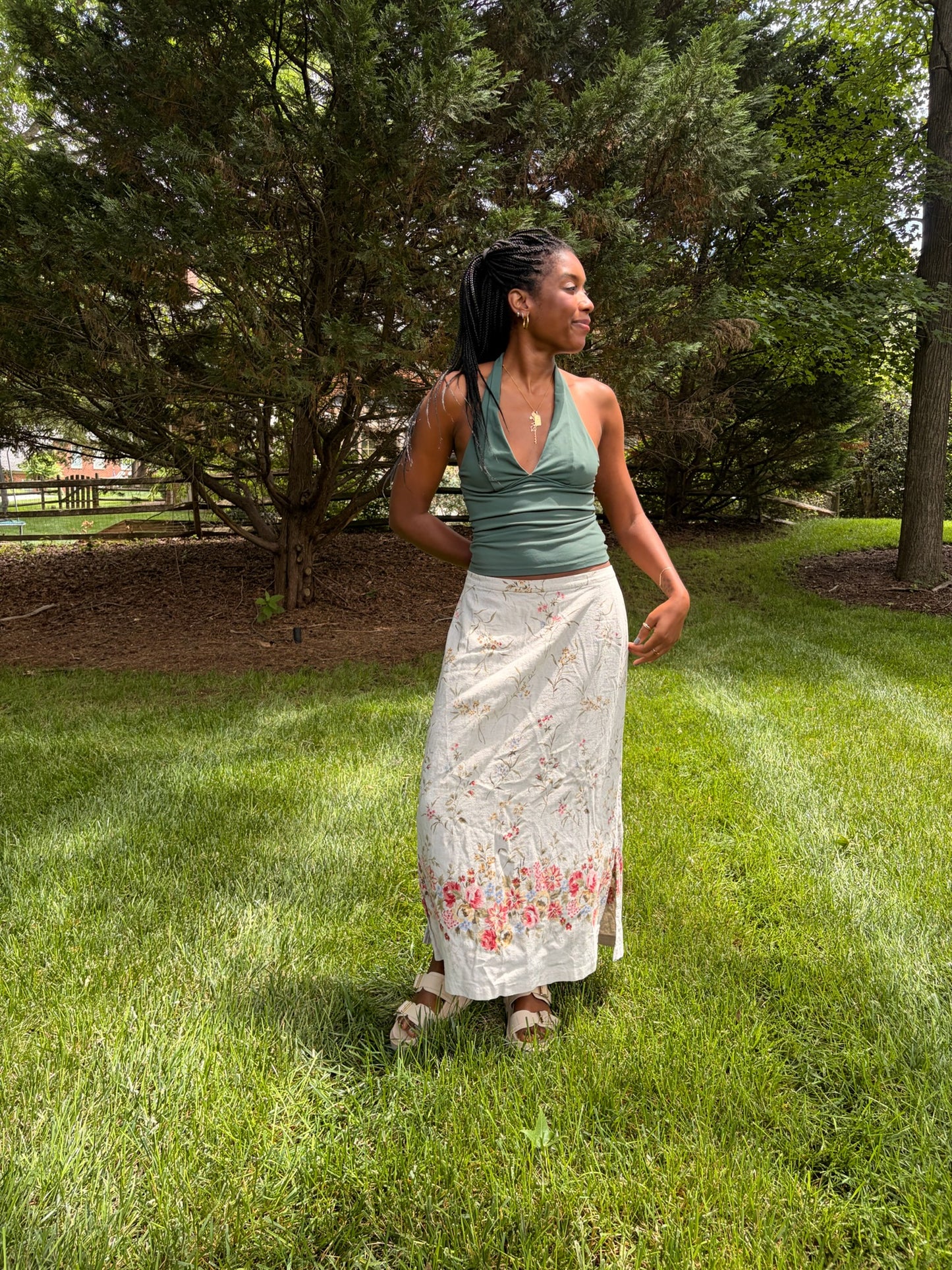 Vintage Linen Blend Botanical Midi Skirt