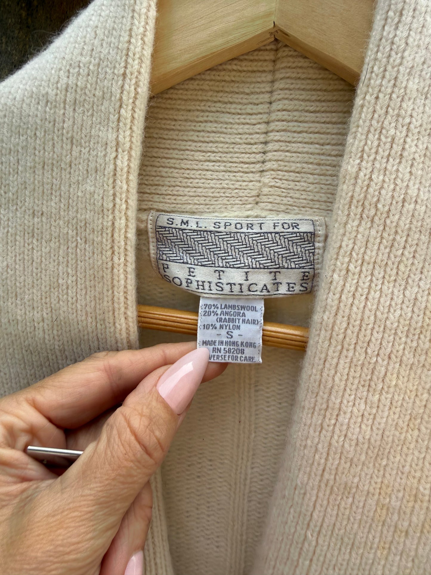 Vintage Lambswool Angora Pearl Button Shawl Collar Cardigan Cream S