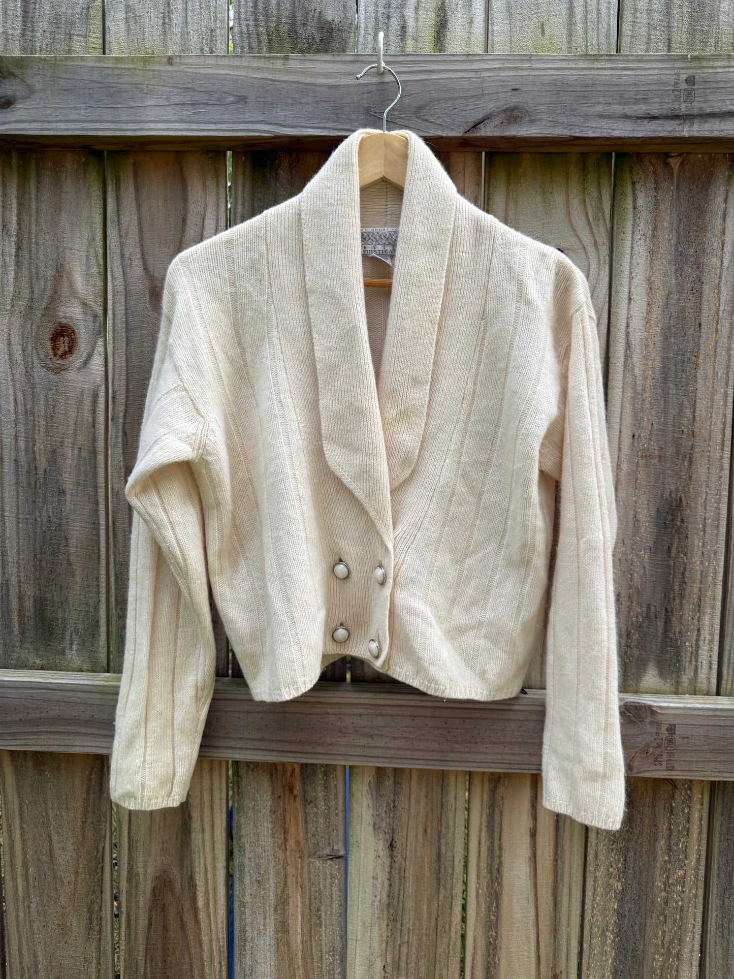 Vintage Lambswool Angora Pearl Button Shawl Collar Cardigan Cream S