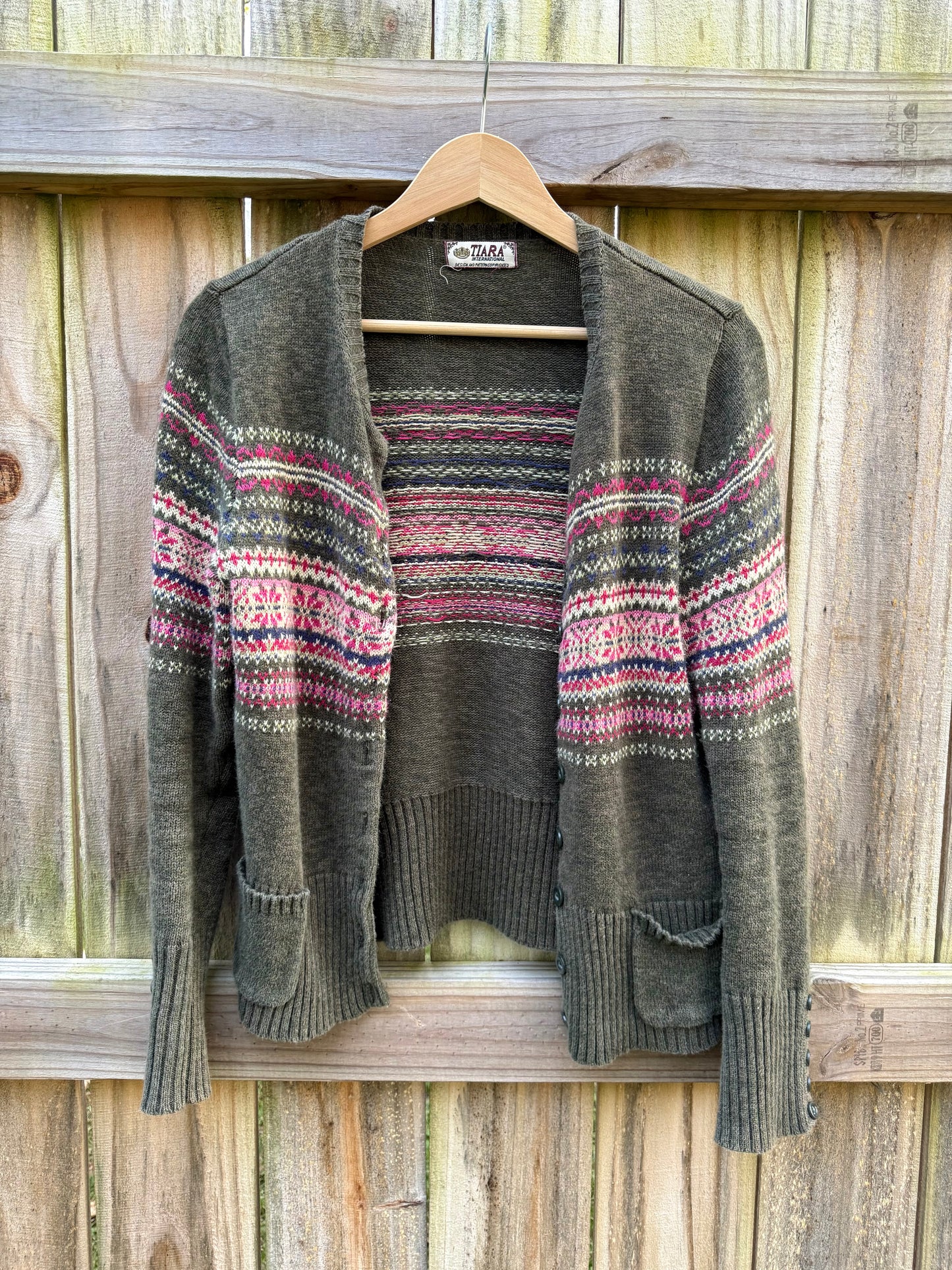 Vintage Tiara International Fair Isle Cardigan - Olive Green 90s Sweater
