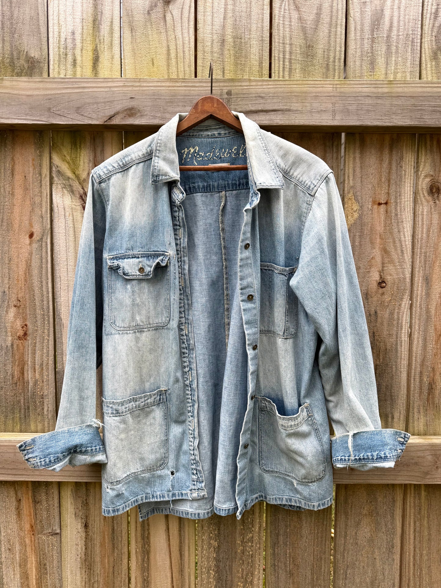 Madewell Denim Chore Jacket Light Wash Oversized Button Up Distressed