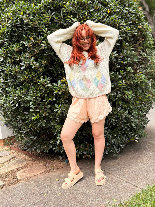 Vintage Silk Tap Shorts | Peach Silk | Embroidered Lace Hem | Estate Sale Lingerie