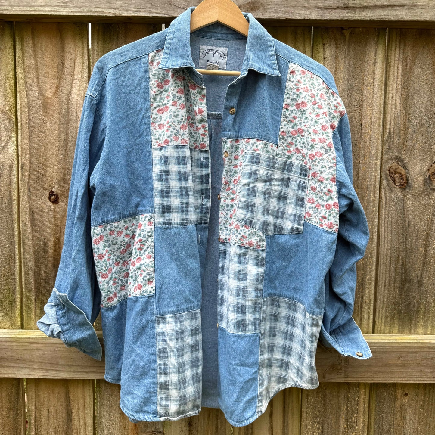 Vintage Patchwork Denim Button Up Floral & Plaid Chambray Shirt