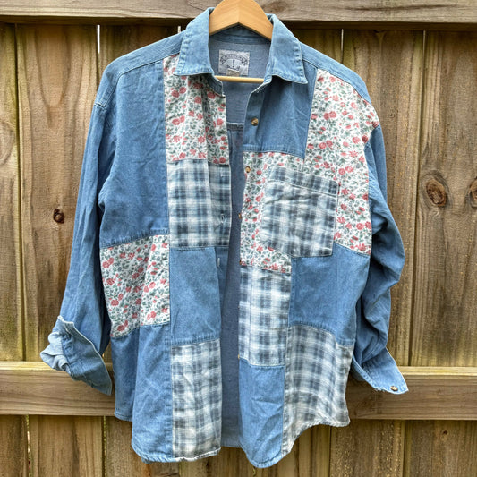 Vintage Patchwork Denim Button Up Floral & Plaid Chambray Shirt