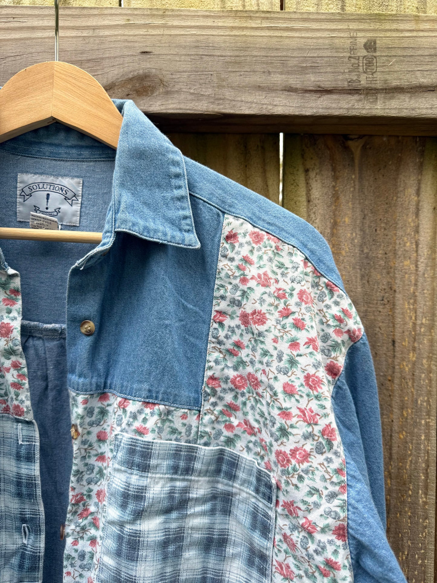Vintage Patchwork Denim Button Up Floral & Plaid Chambray Shirt