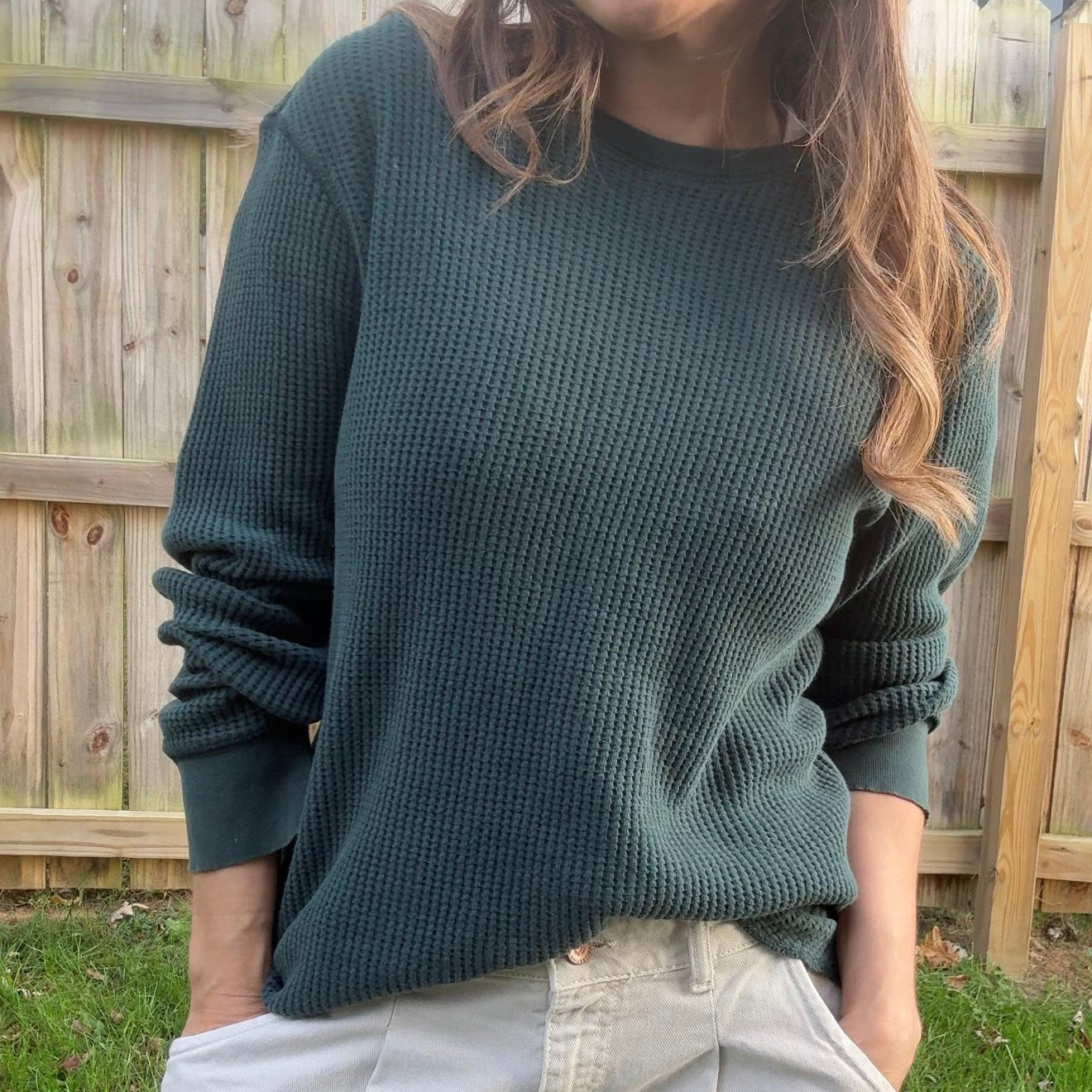 Forest Green Waffle Knit Crew Shirt Vintage Gap