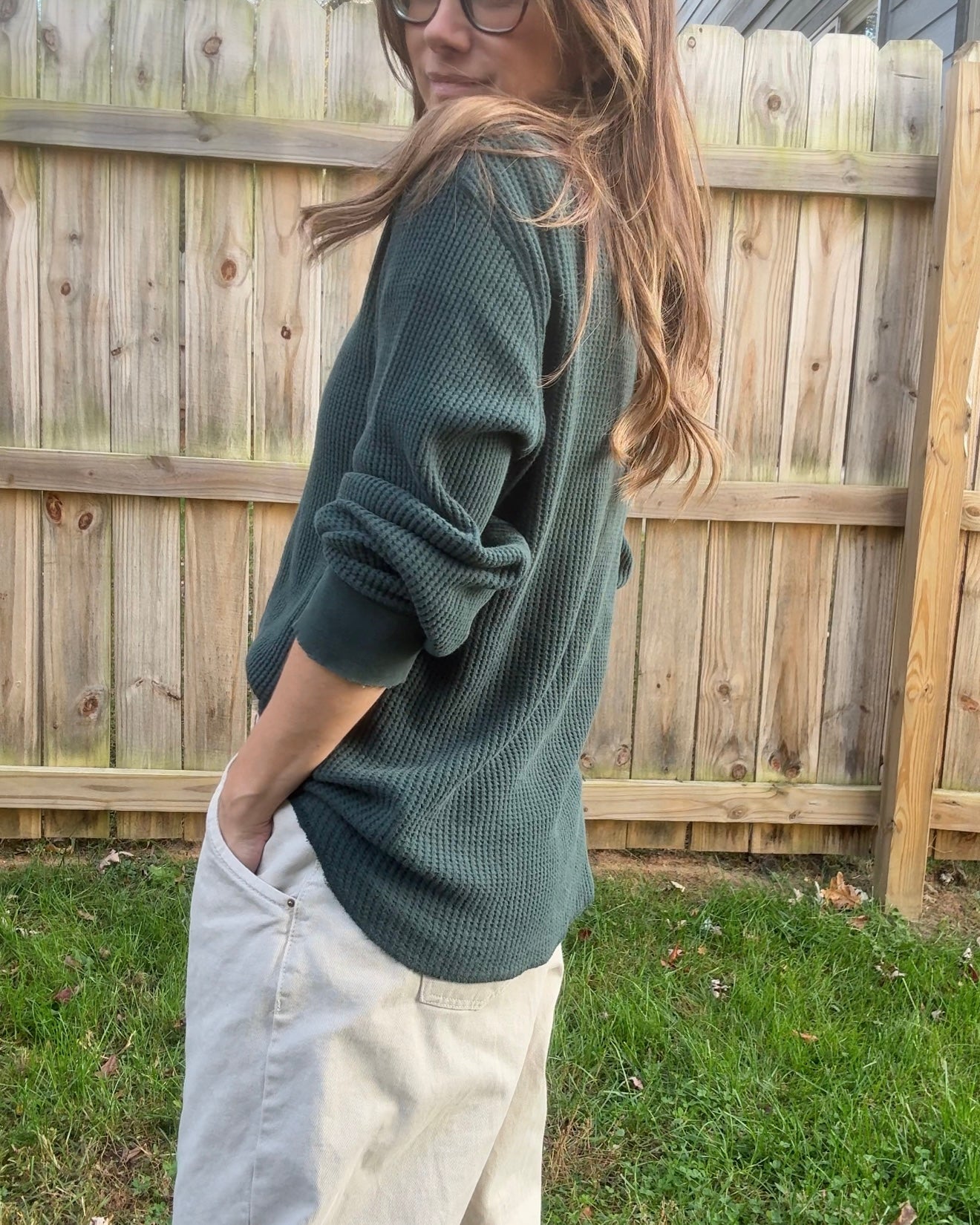 Forest Green Waffle Knit Crew Shirt Vintage Gap