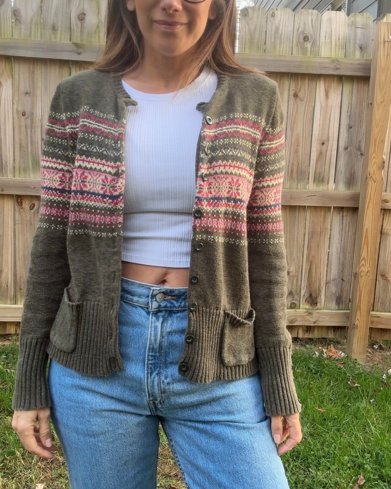 Vintage Tiara International Fair Isle Cardigan - Olive Green 90s Sweater