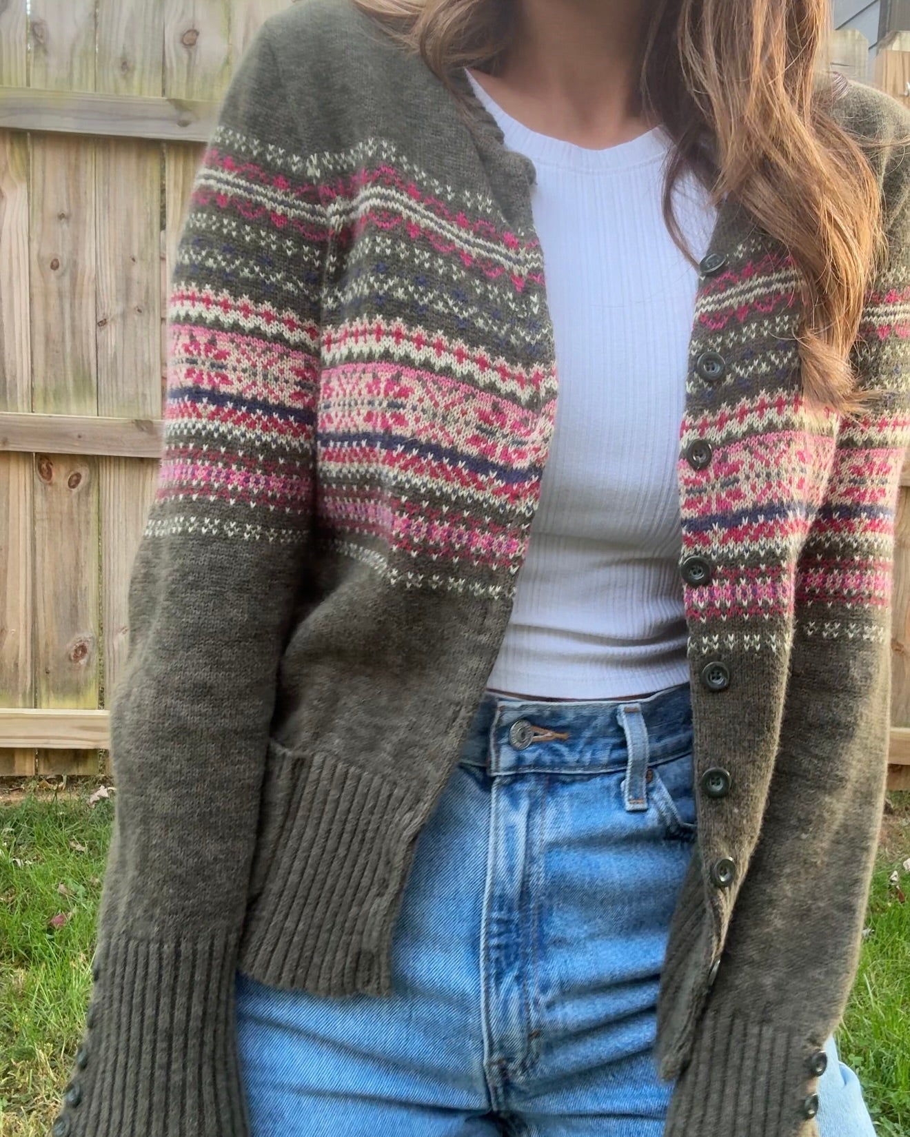 Vintage Tiara International Fair Isle Cardigan - Olive Green 90s Sweater