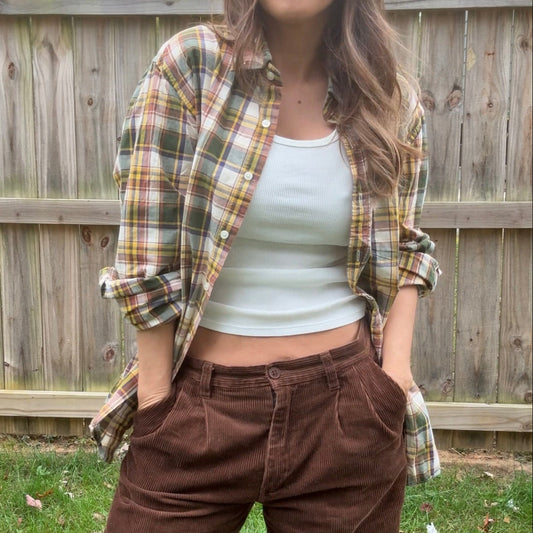 J.Crew “Tailored By” Plaid Button-Down Shirt Olive Mustard Rust Cotton Boyfriend Shirt