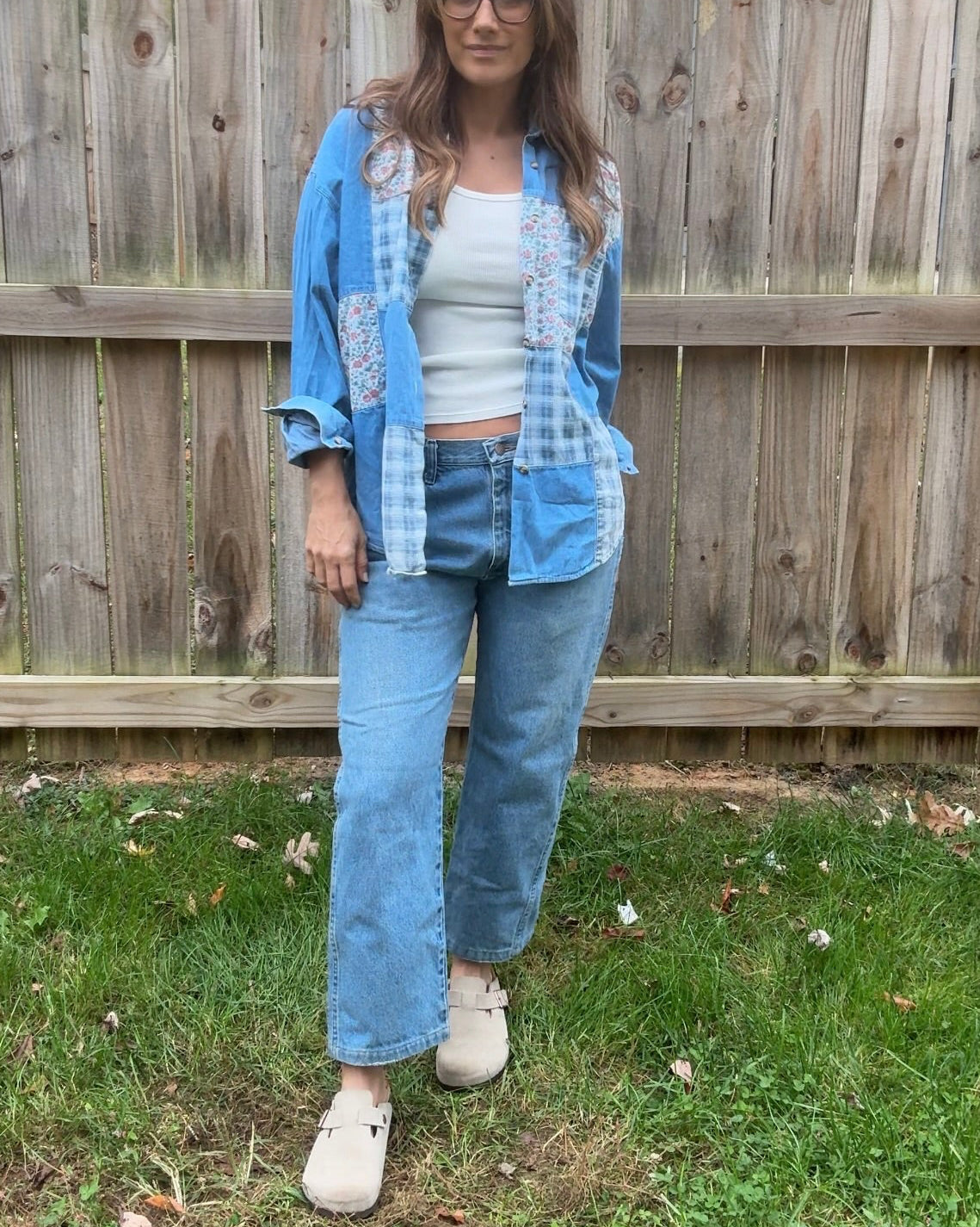 Vintage Patchwork Denim Button Up Floral & Plaid Chambray Shirt